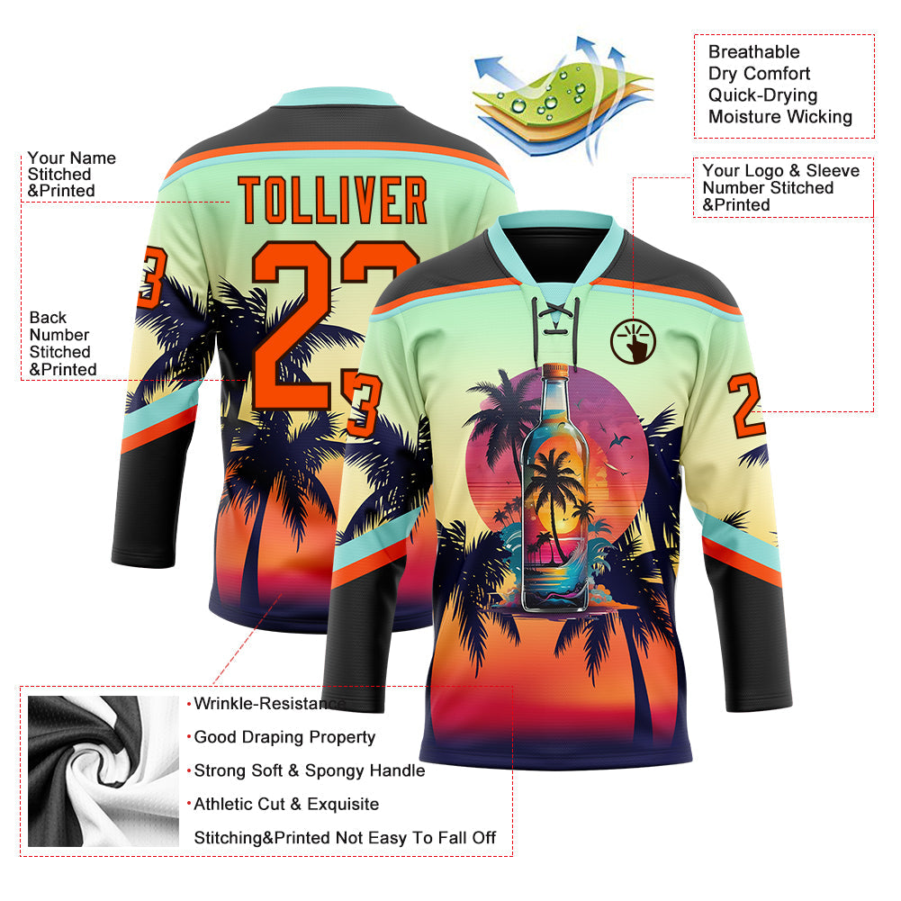 Custom Black Orange Ice Blue-Brown 3D Pattern Gradient Hawaii Tropical Palm Trees Hockey Lace Neck Jersey