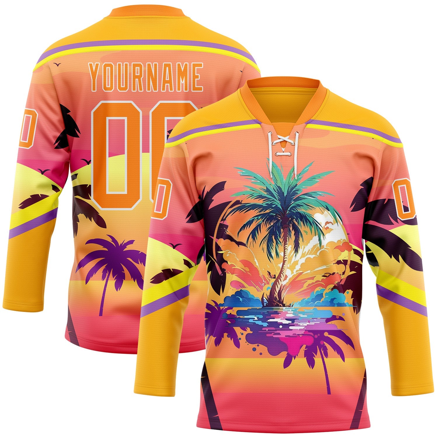 Custom Yellow Bay Orange Medium Purple-White 3D Pattern Gradient Hawaii Tropical Palm Trees Hockey Lace Neck Jersey