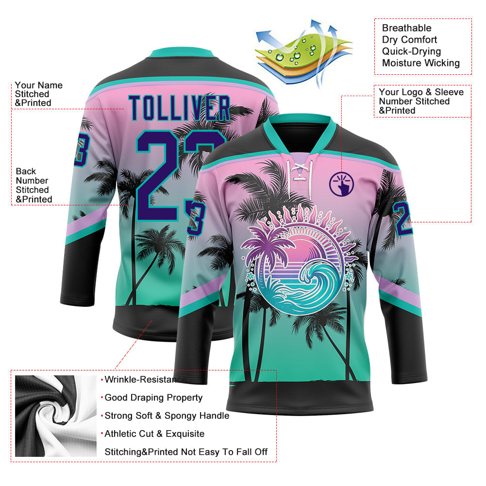 Custom Black Purple Pink-Aqua 3D Pattern Gradient Hawaii Tropical Palm Trees Hockey Lace Neck Jersey