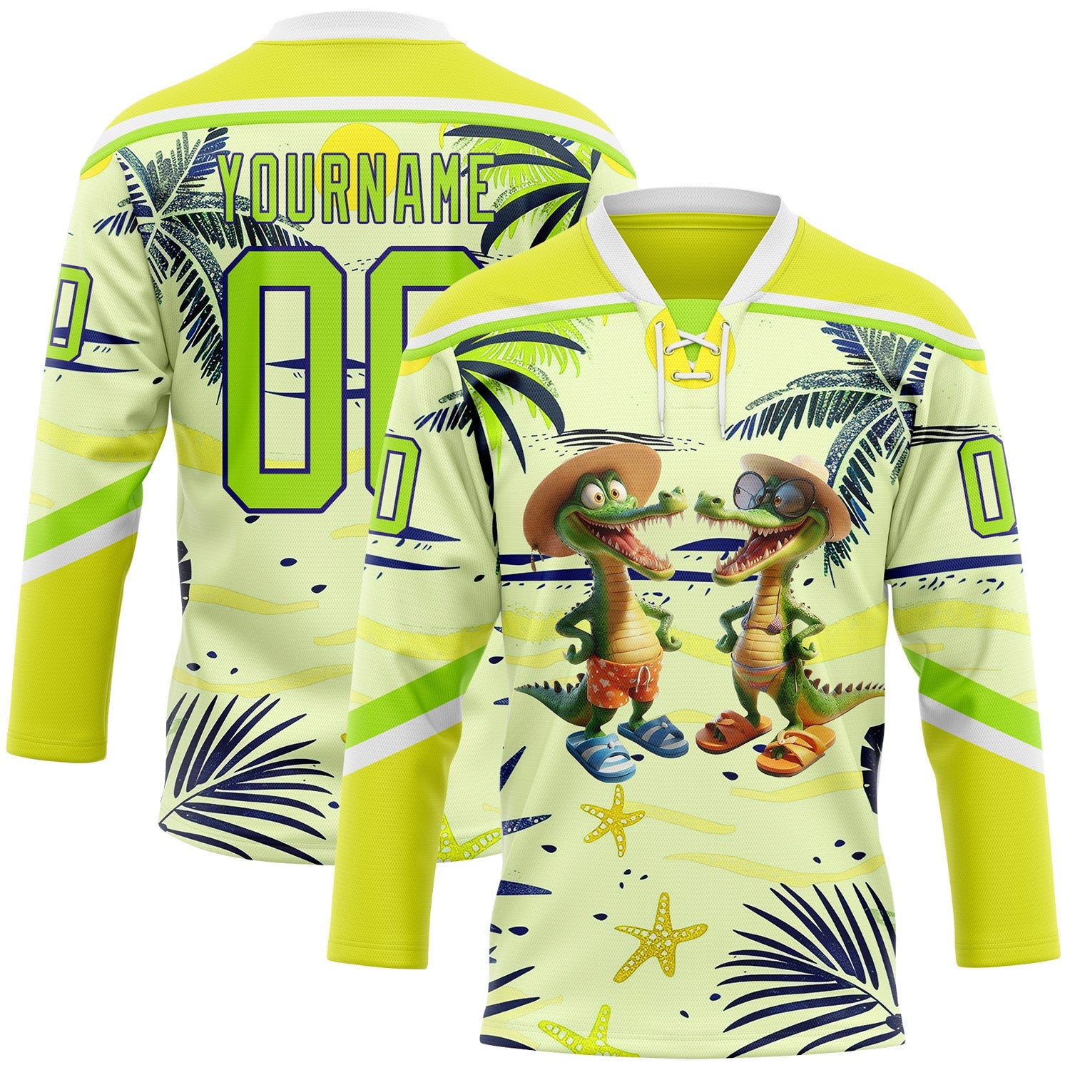 Custom Neon Yellow Neon Green Dark Purple-White 3D Pattern Hawaii Tropical Palm Trees Hockey Lace Neck Jersey