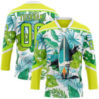 Custom Neon Yellow Neon Green Dark Purple-White 3D Pattern Hawaii Tropical Palm Trees Hockey Lace Neck Jersey