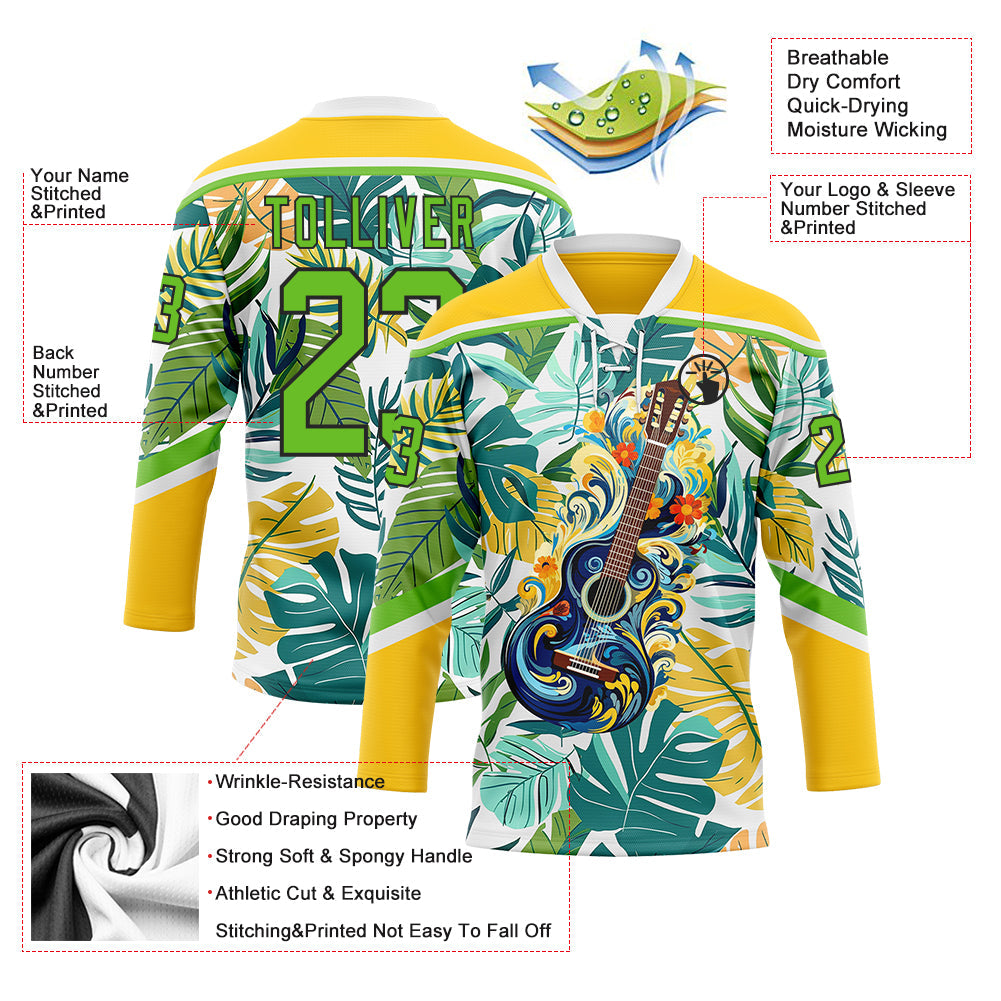 Custom Yellow Aurora Green Black-White 3D Pattern Hawaii Tropical Palm Trees Hockey Lace Neck Jersey