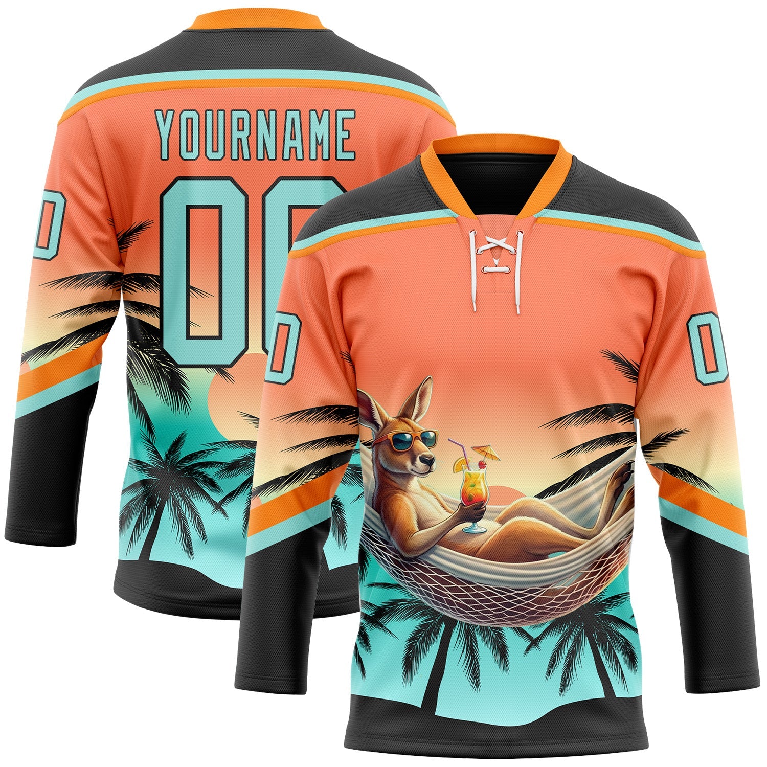 Custom Black Ice Blue-Orange 3D Pattern Gradient Hawaii Tropical Palm Trees Hockey Lace Neck Jersey