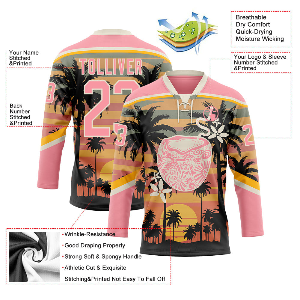 Custom Medium Pink Cream Yellow-Black 3D Pattern Gradient Hawaii Tropical Palm Trees Hockey Lace Neck Jersey