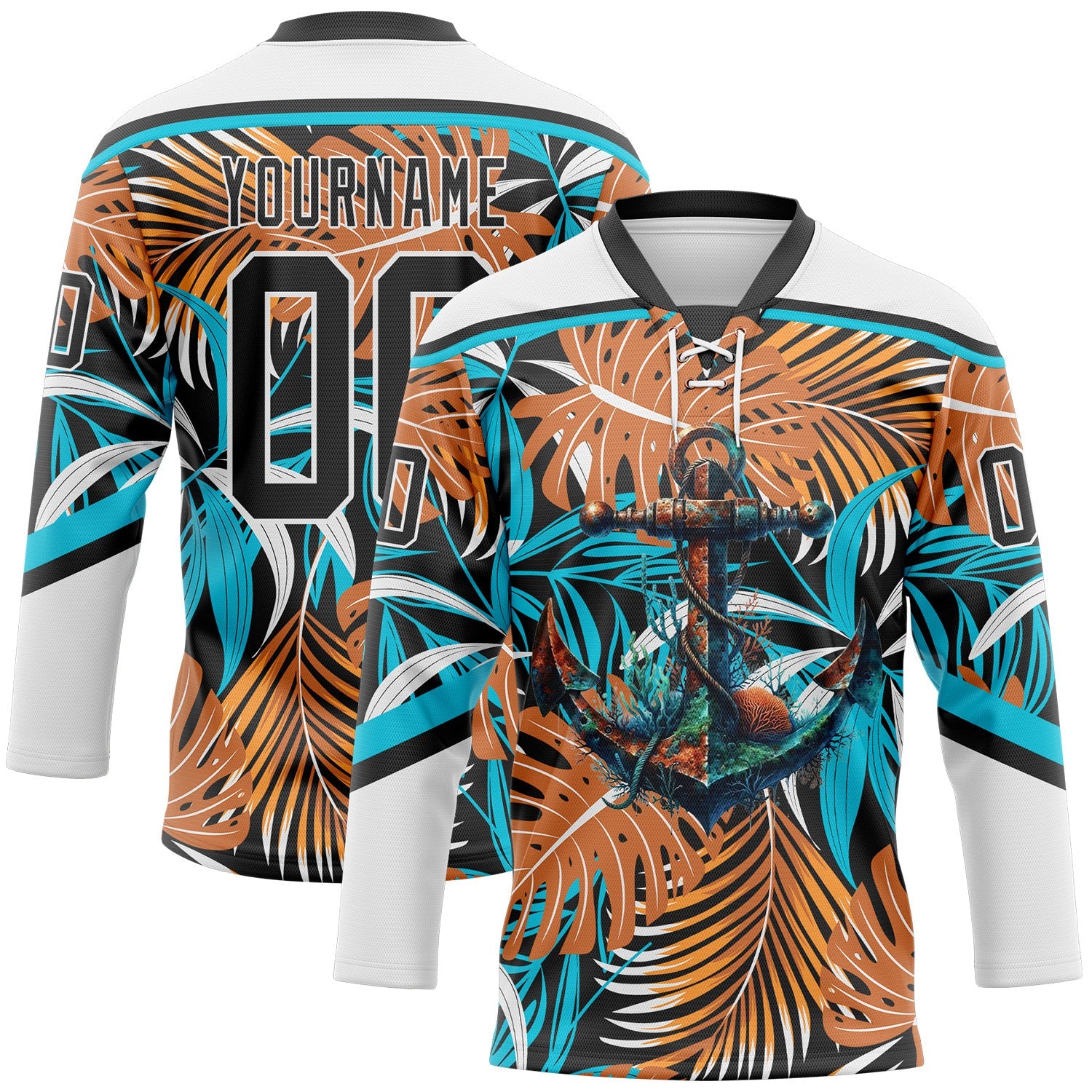 Custom White Black-Lakes Blue 3D Pattern Hawaii Tropical Palm Trees Hockey Lace Neck Jersey