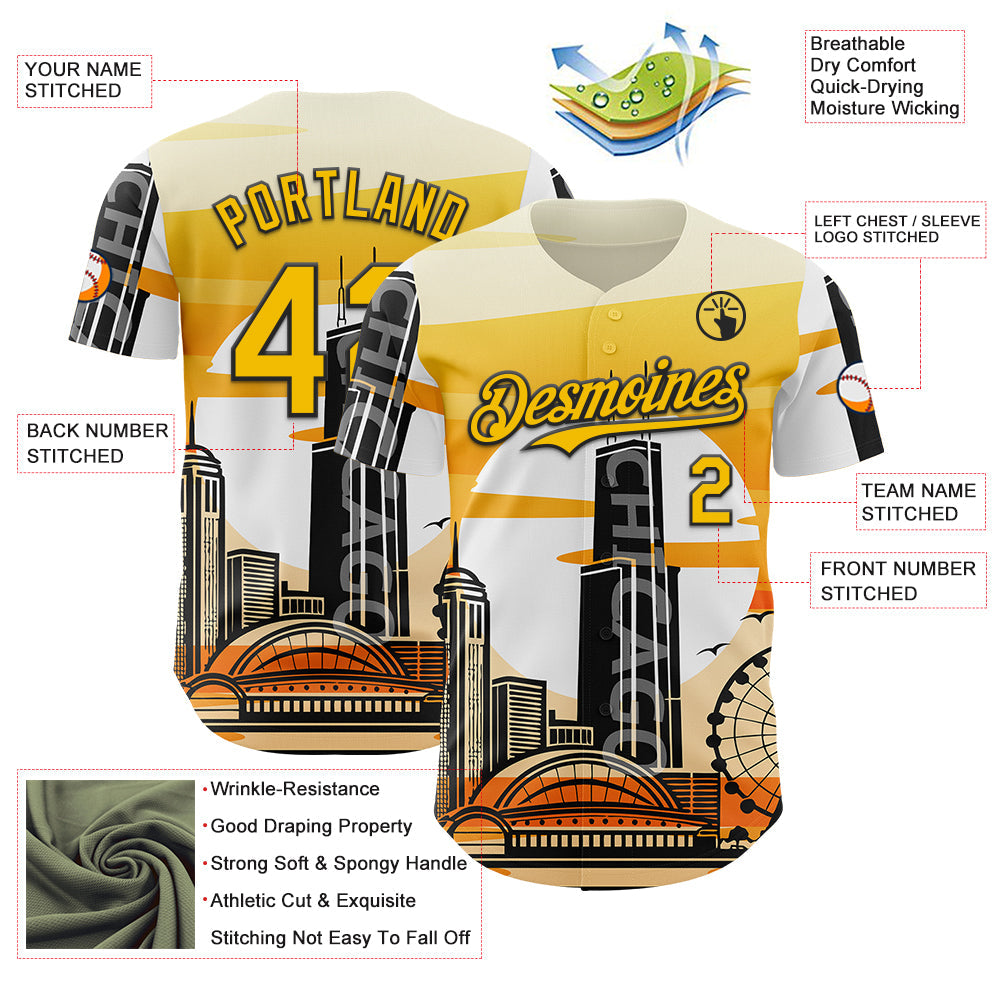 Custom Yellow Black-White Chicago Illinois Cityscape Landmark City Symbol Authentic Baseball Jersey