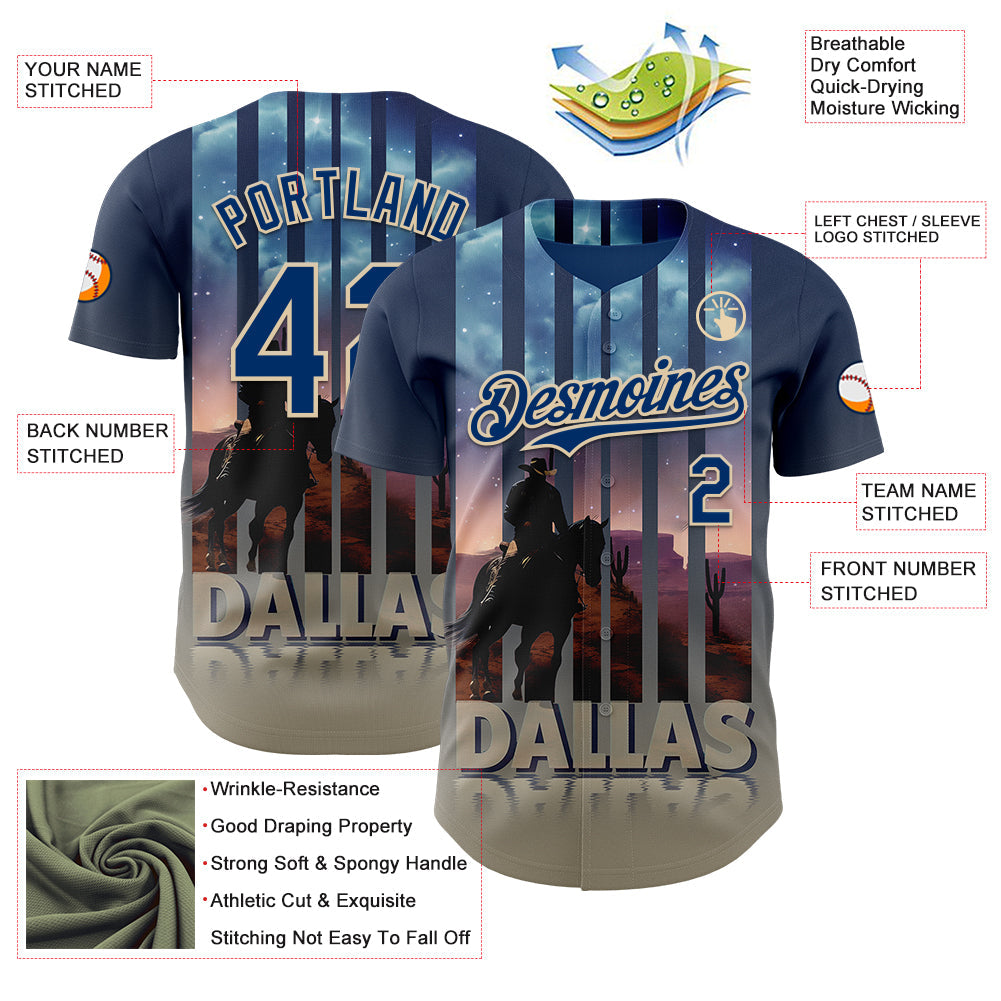Custom Blue US Navy Blue City Cream-Gray Dallas Texas Western Cowboy City Symbol Authentic Baseball Jersey
