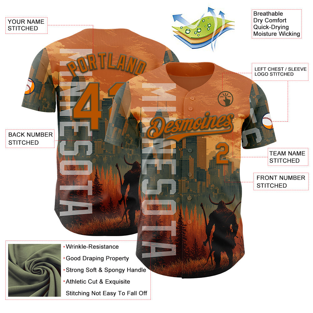 Custom Texas Orange Olive Minnesota Sunset Cityscape Vikings City Symbol Authentic Baseball Jersey