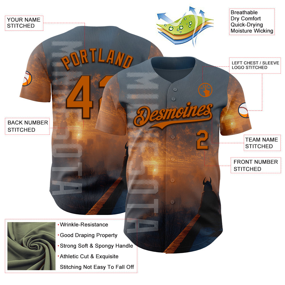 Custom Gray Texas Orange-Brown Minnesota Sunset Cityscape Vikings City Symbol Authentic Baseball Jersey