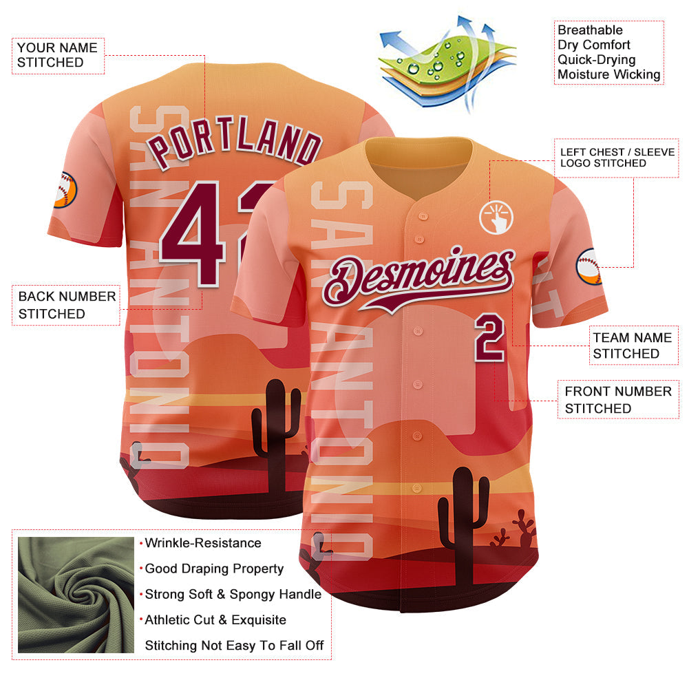Custom Orange Maroon-White San Antonio Cactus Western Sunset City Symbol Authentic Baseball Jersey