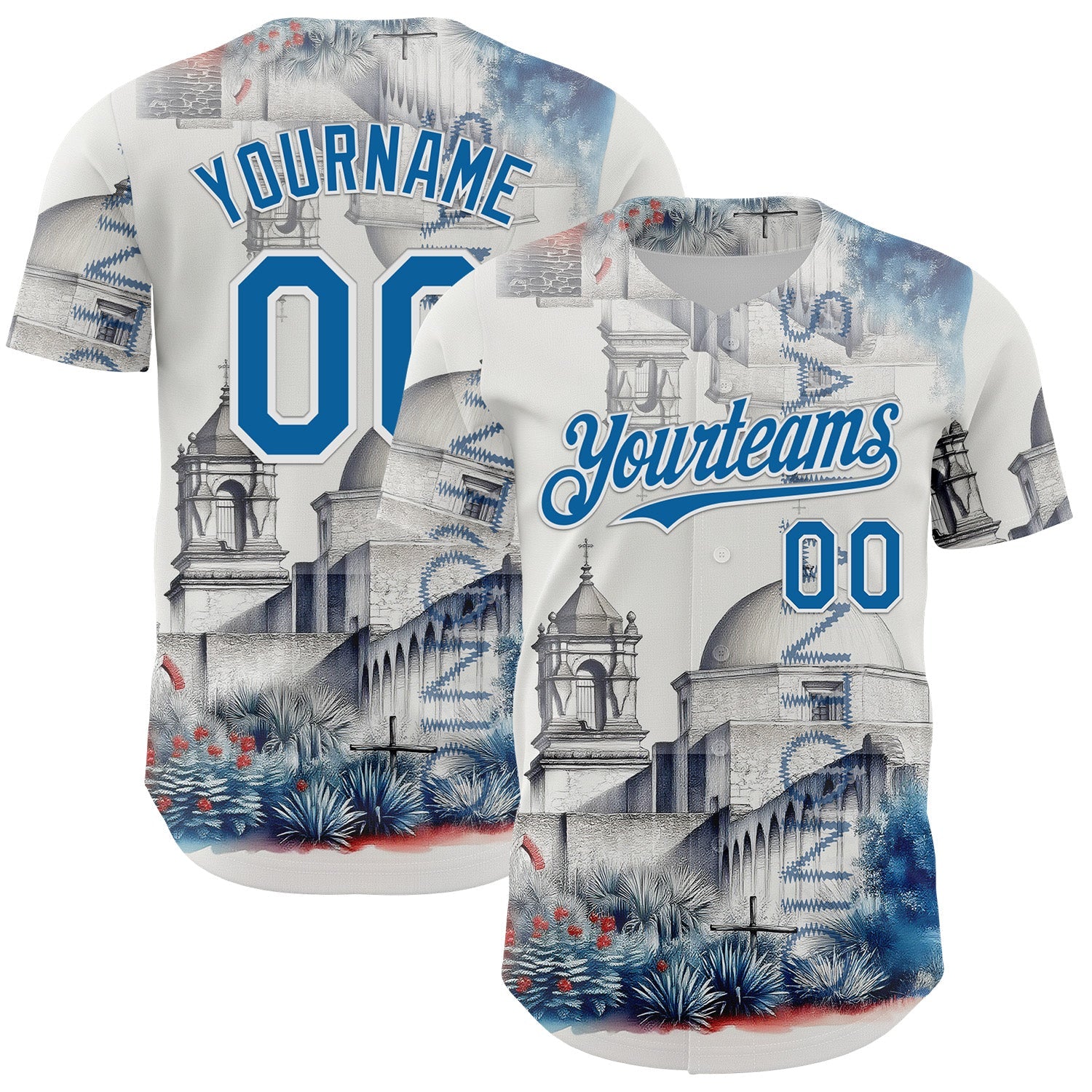 Custom Gray Blue-White San Antonio Texas Mission San Jose Landmark City Symbol Authentic Baseball Jersey
