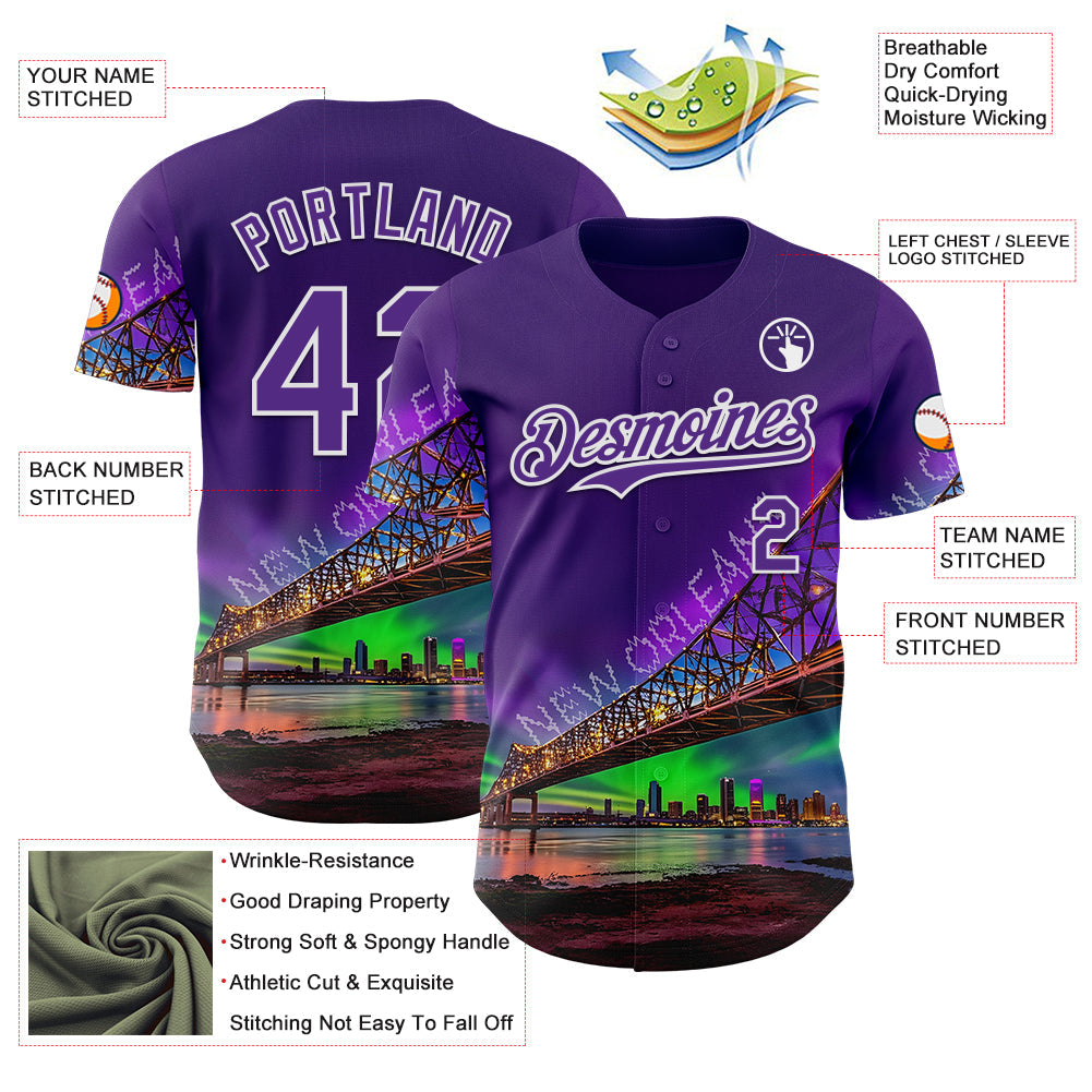 Custom Purple White New Orleans Louisiana Cityscape Landmark City Symbol Authentic Baseball Jersey