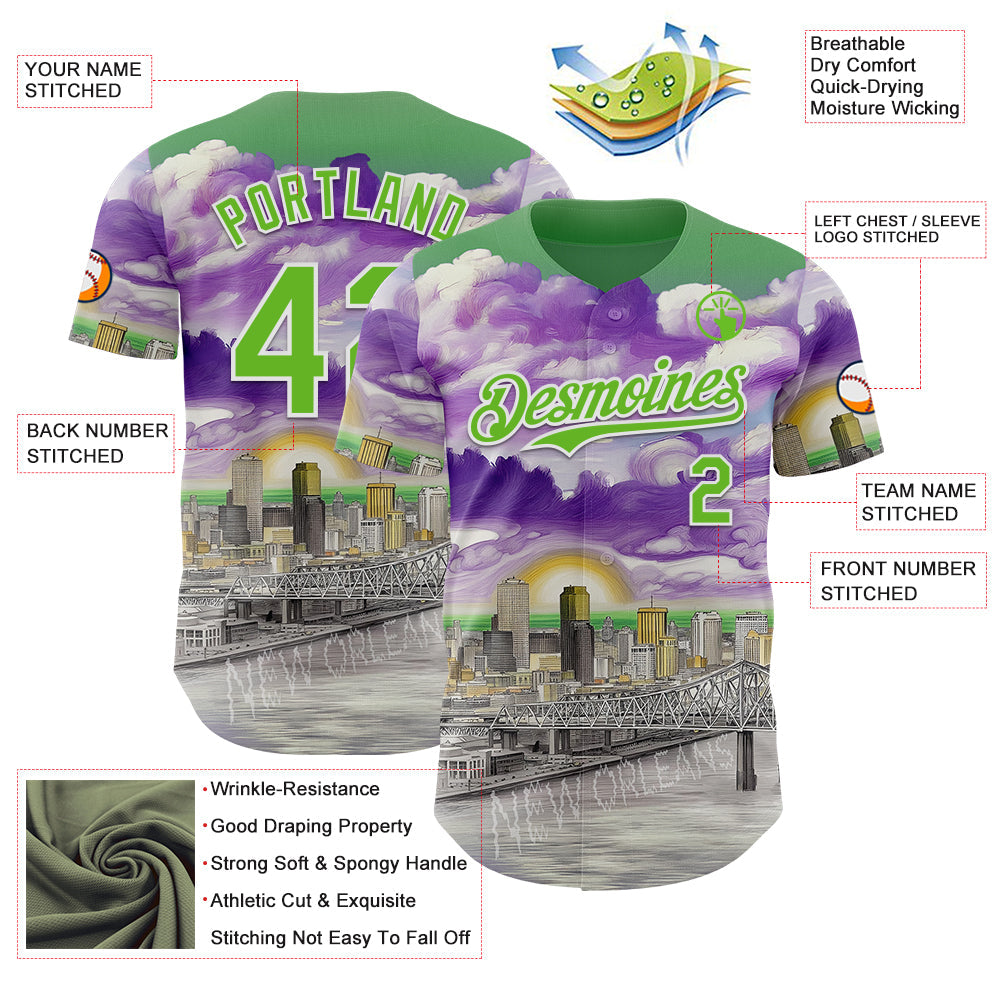 Custom Green Aurora Green Purple Gray-White New Orleans Louisiana Cityscape Landmark City Symbol Authentic Baseball Jersey