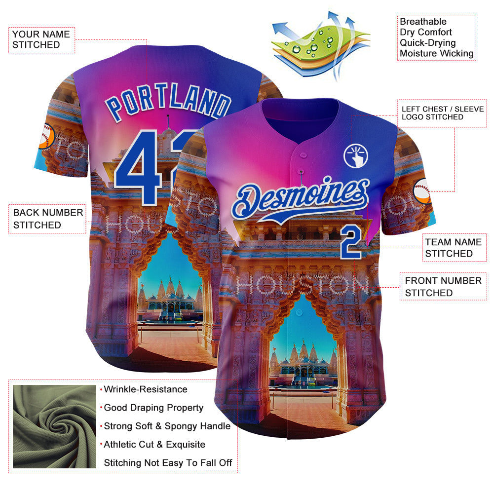 Custom Pink Thunder Blue Orange-White Houston Texas Hindu Temple Landmark City Symbol Authentic Baseball Jersey