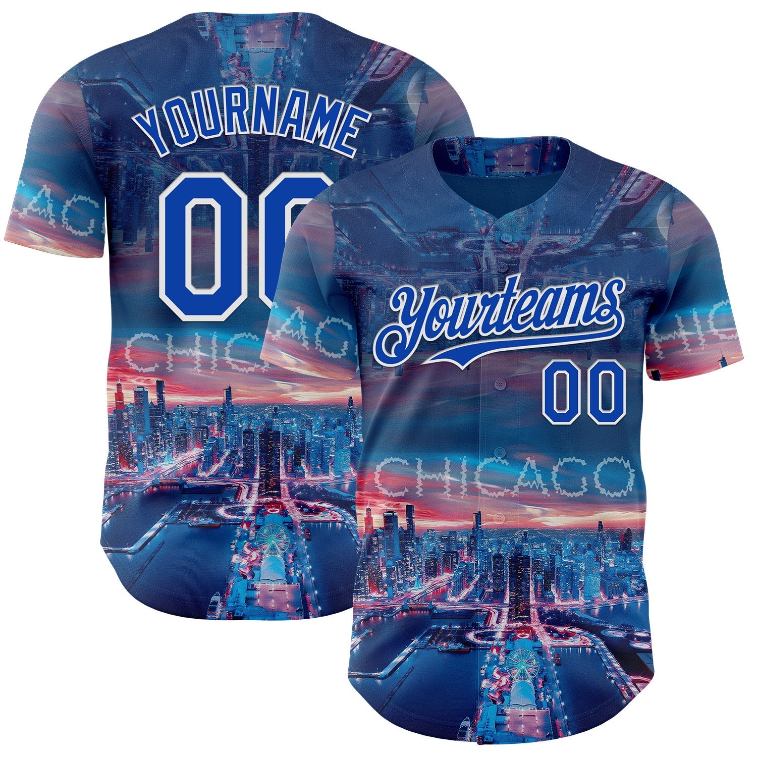 Custom Blue Thunder Blue-White Chicago Illinois Cityscape Skyline City Symbol Authentic Baseball Jersey