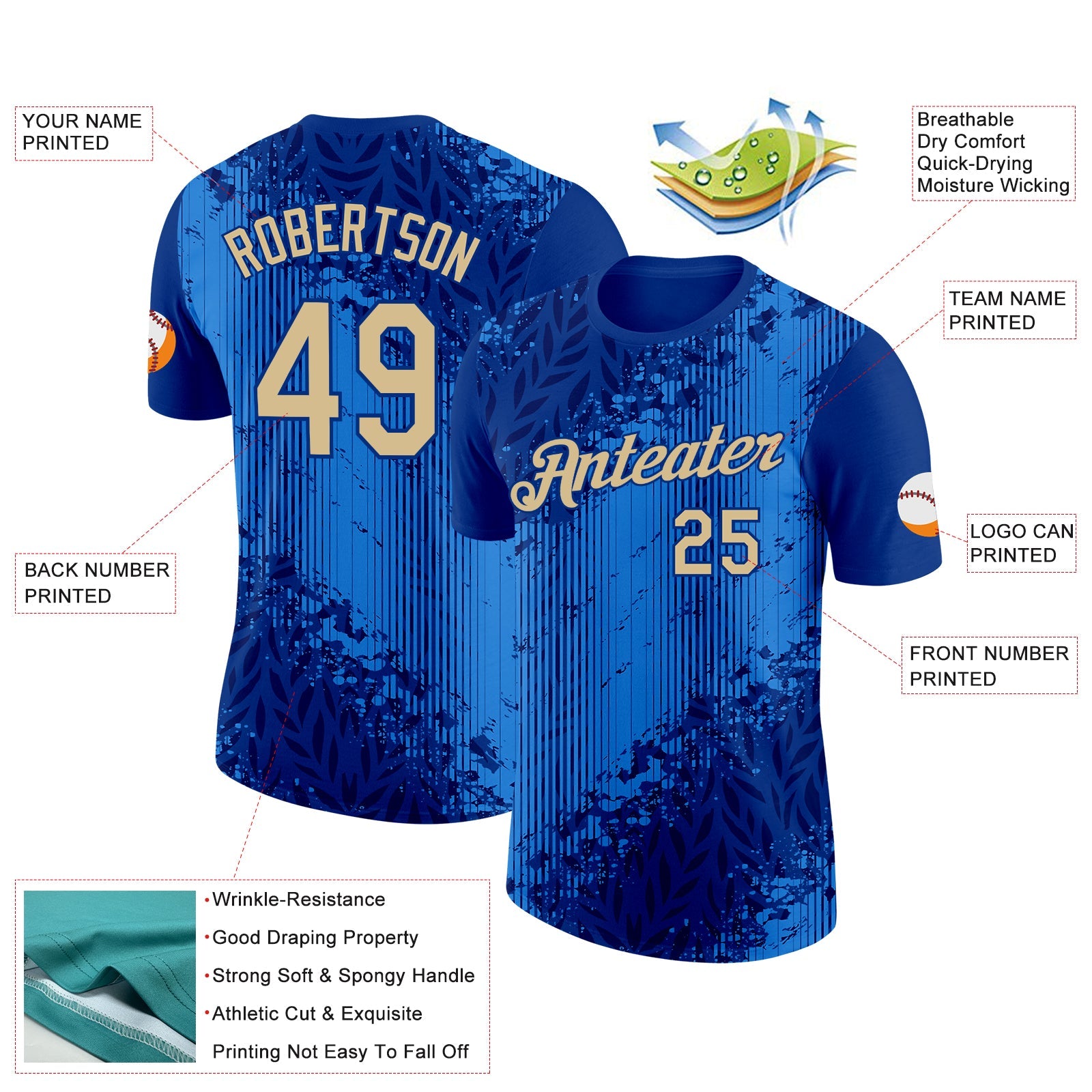 Custom Blue Vegas Gold-Royal Italy Line Splash Performance T-Shirt