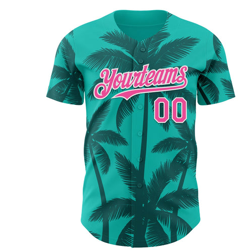 Custom Aqua Pink Teal-White Tropical Hawaii Palm Trees Authentic Baseball Jersey