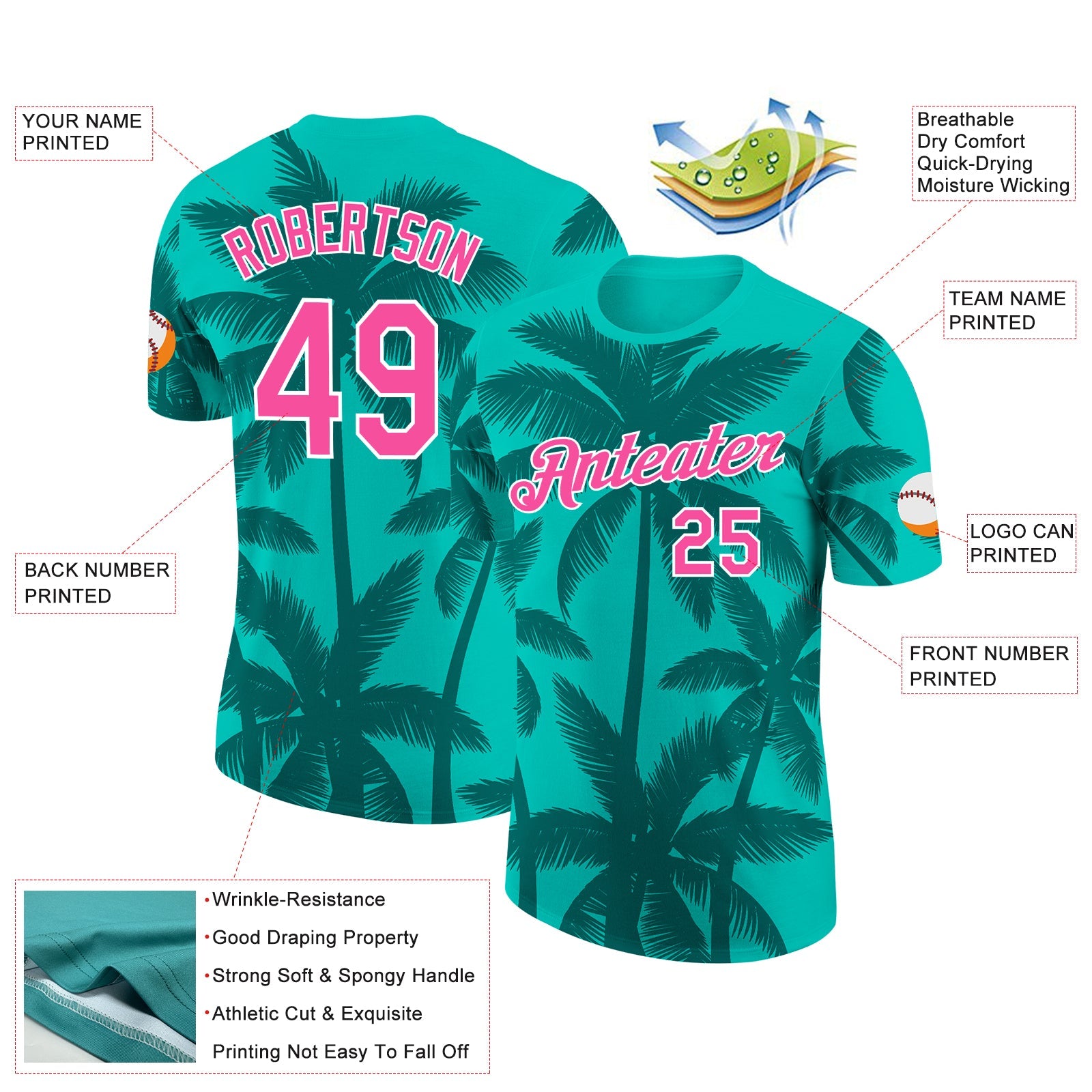 Custom Aqua Pink Teal-White Tropical Hawaii Palm Trees Performance T-Shirt