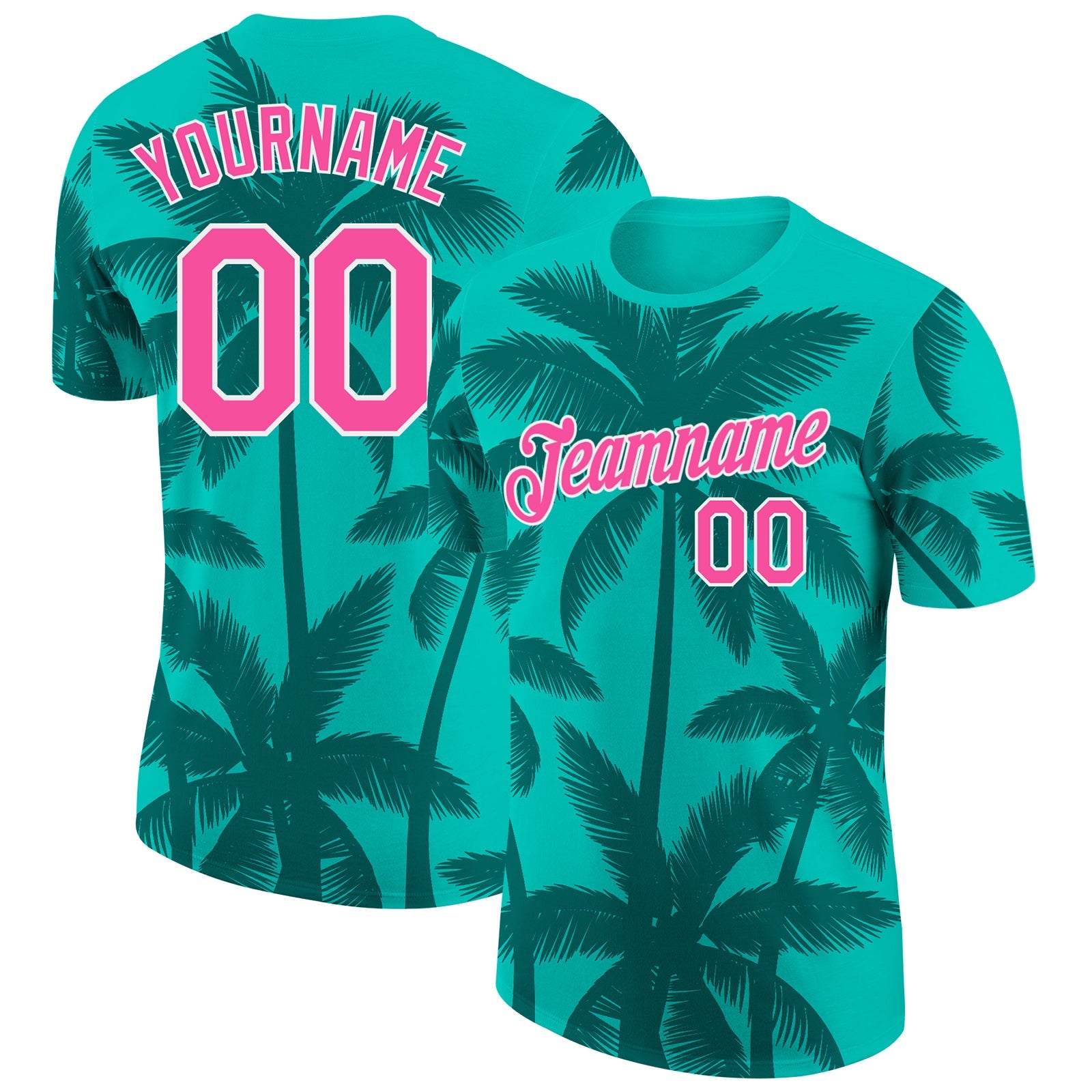Custom Aqua Pink Teal-White Tropical Hawaii Palm Trees Performance T-Shirt