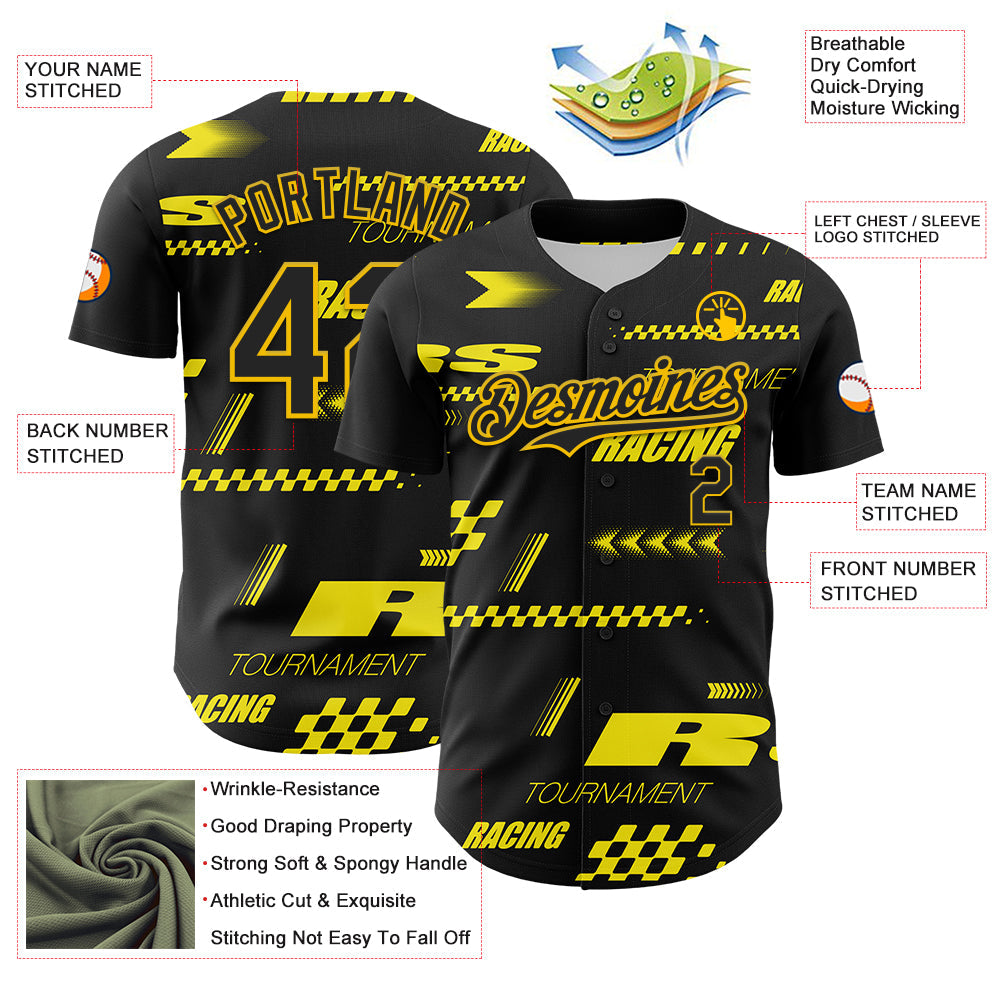 Custom Black Yellow 3D Pattern Design Car Racing Formula Auto Motorsport Authentic Baseball Jersey