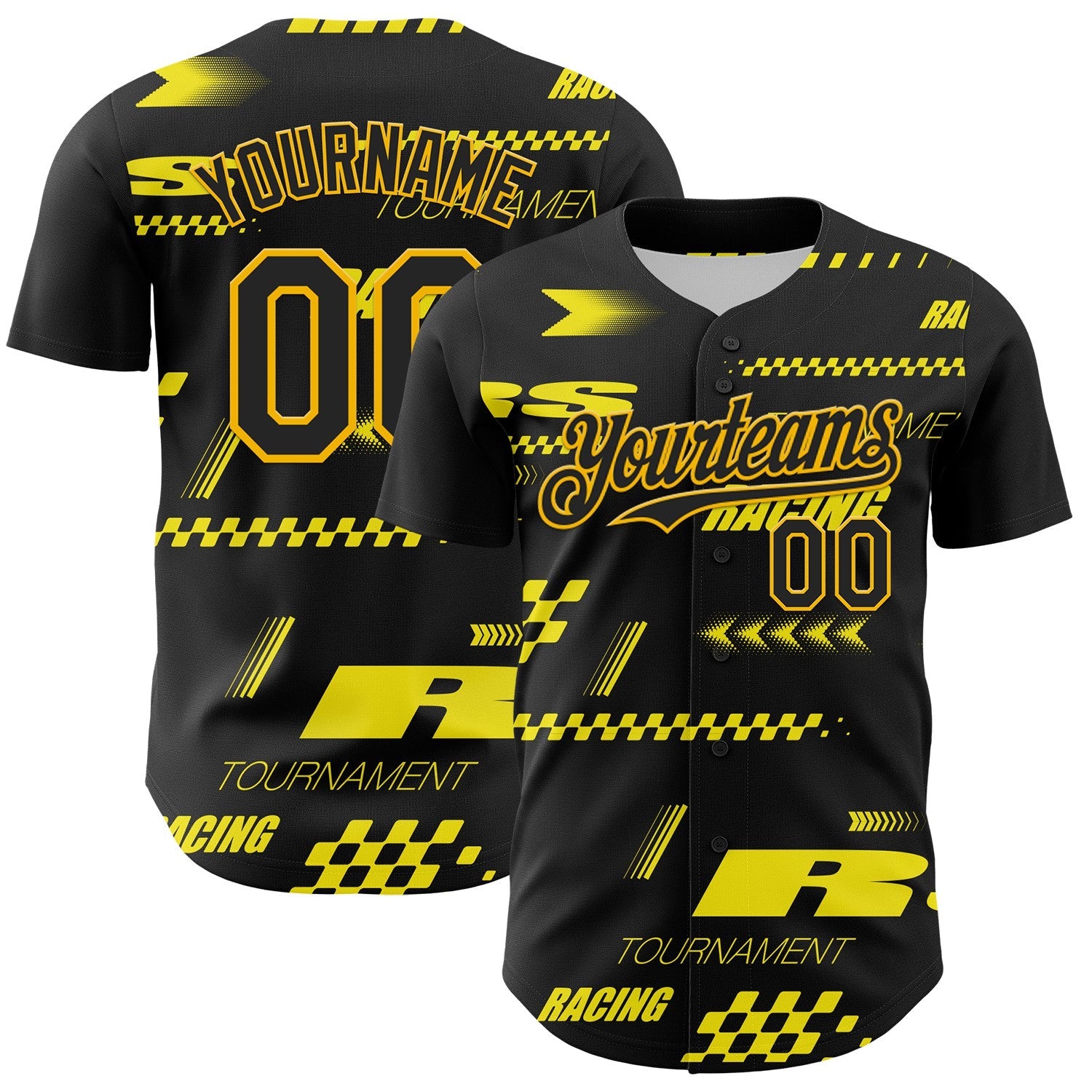 Custom Black Yellow 3D Pattern Design Car Racing Formula Auto Motorsport Authentic Baseball Jersey