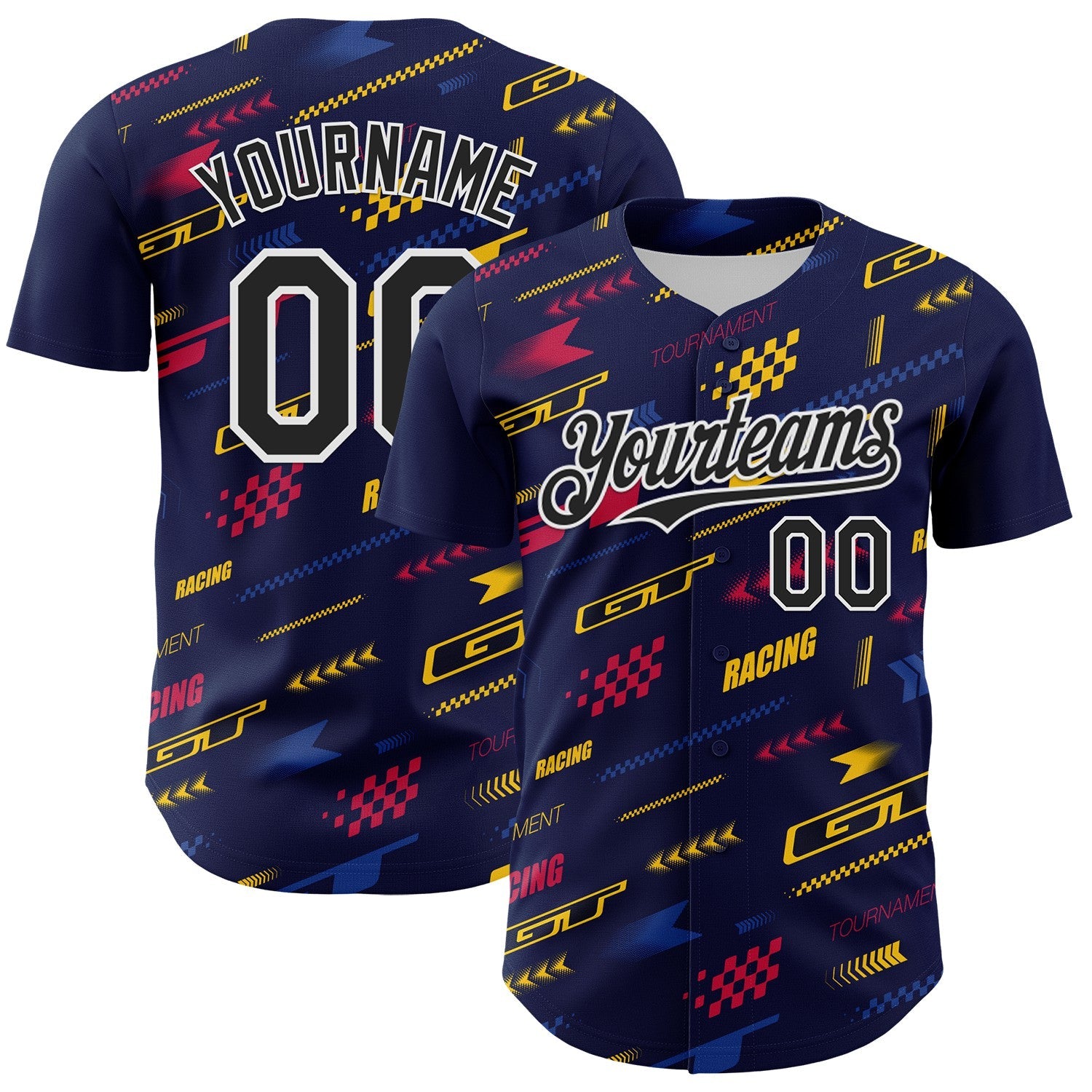 Custom Navy Black White Red-Yellow 3D Pattern Design Car Racing Formula Auto Motorsport Authentic Baseball Jersey