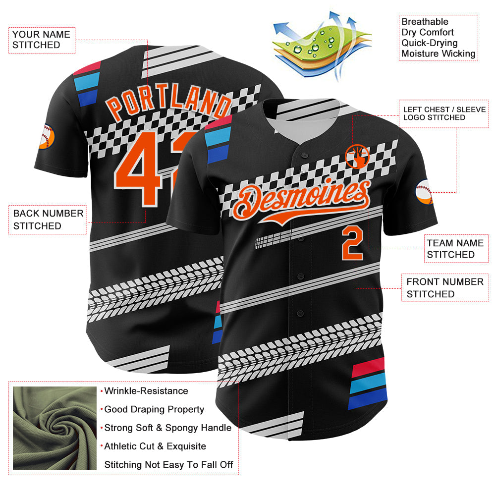 Custom Black Orange White-Blue 3D Pattern Design Car Racing Formula Auto Motorsport Authentic Baseball Jersey