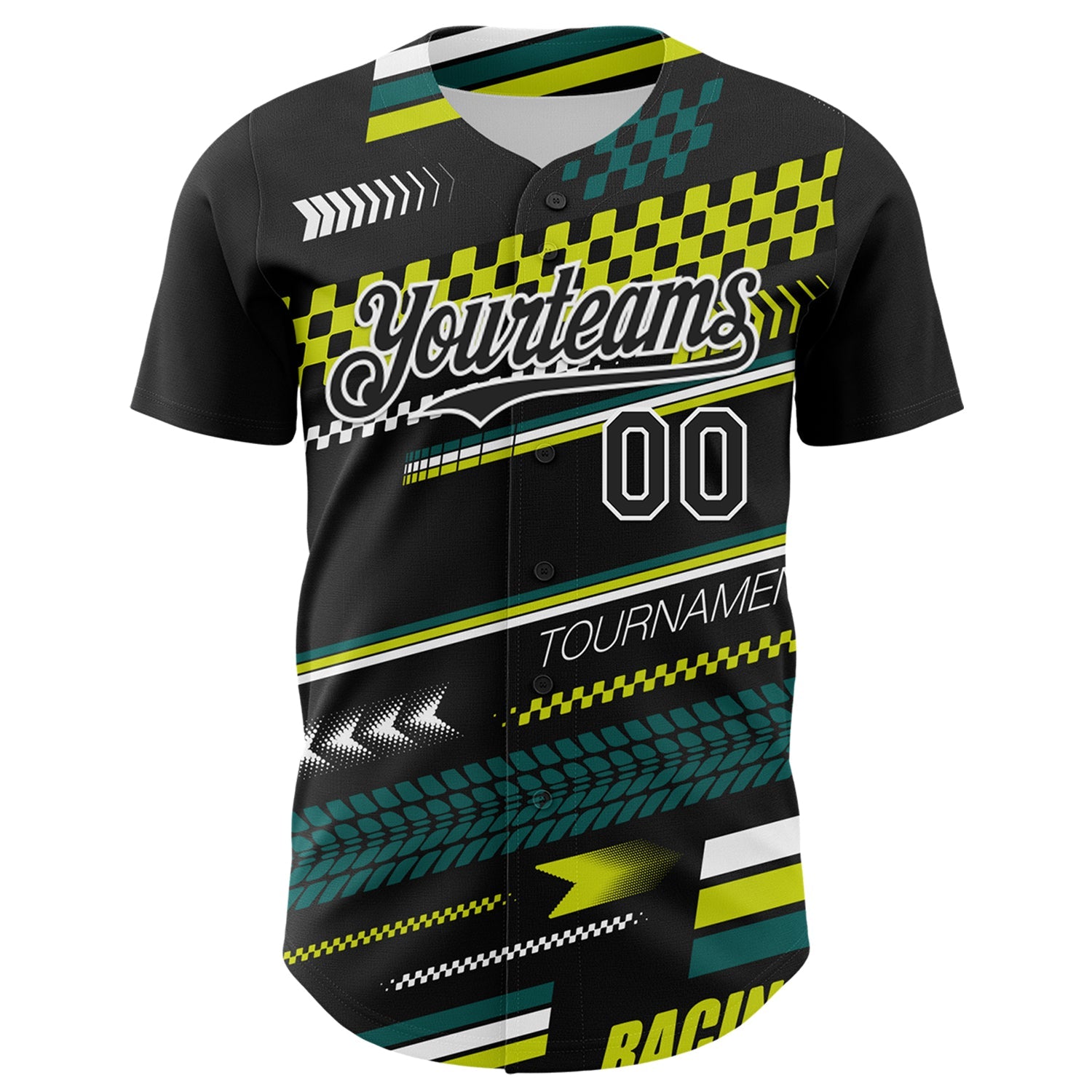 Custom Black White Yellow-Green 3D Pattern Design Car Racing Formula Auto Motorsport Authentic Baseball Jersey