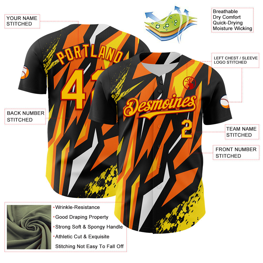 Custom Black Yellow Red Orange-White 3D Pattern Design Car Racing Formula Auto Motorsport Authentic Baseball Jersey