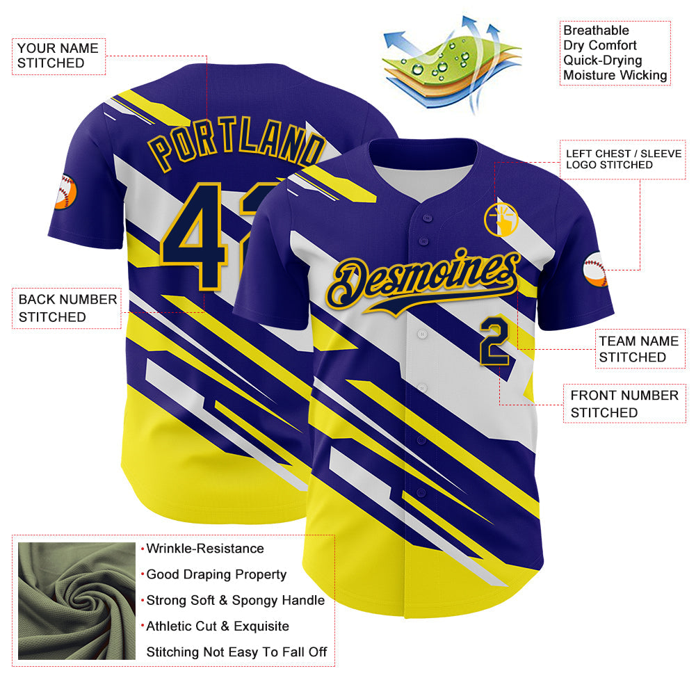 Custom Purple Navy Yellow-White 3D Pattern Design Car Racing Formula Auto Motorsport Authentic Baseball Jersey