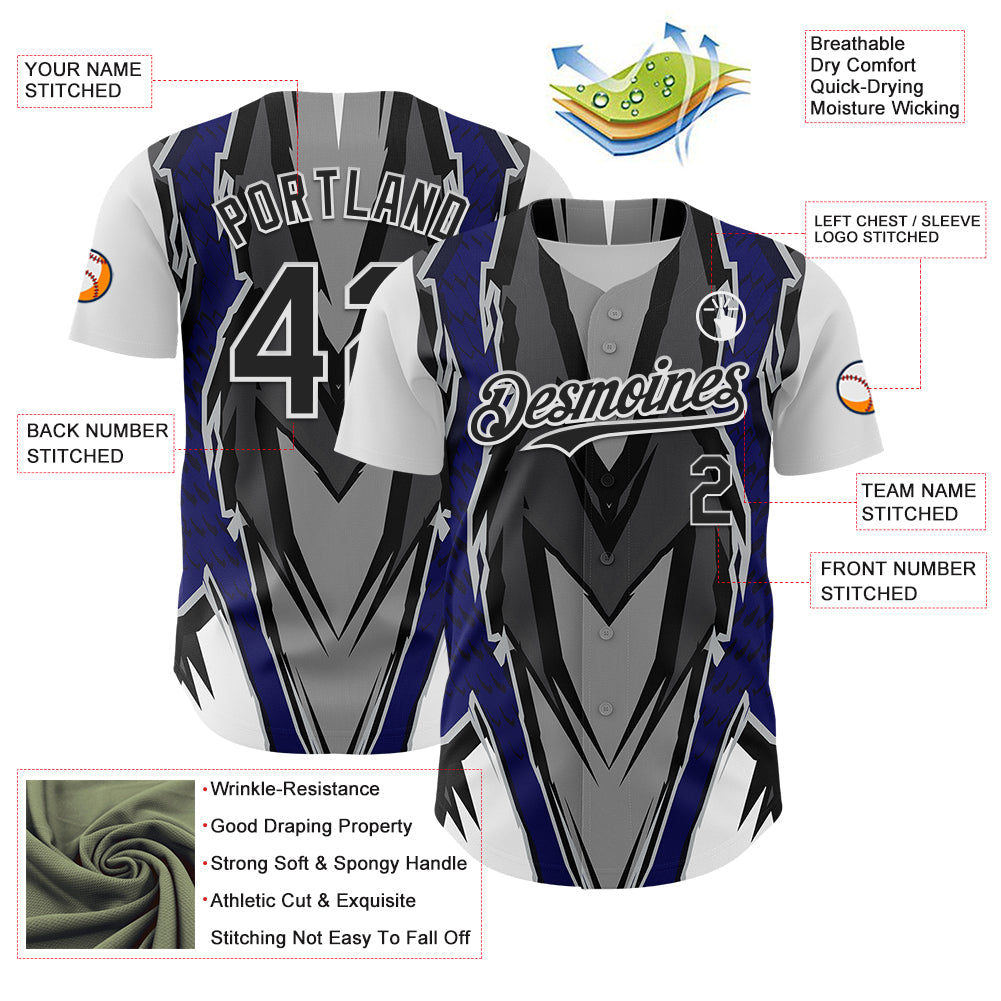 Custom White Black Gray-Blue 3D Pattern Design Car Racing Formula Auto Motorsport Authentic Baseball Jersey