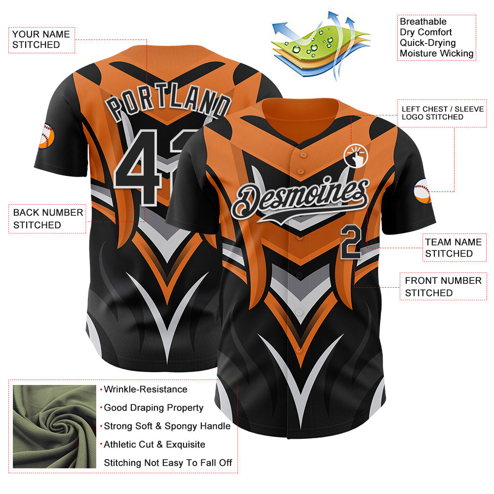 Custom Black White Orange-Gray 3D Pattern Design Car Racing Formula Auto Motorsport Authentic Baseball Jersey