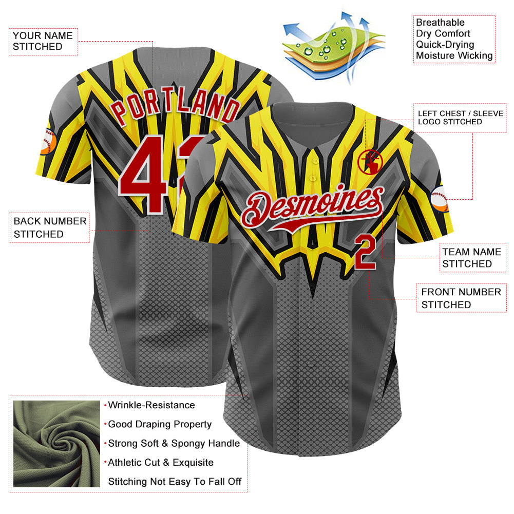 Custom Steel Gray Red White Yellow-Black 3D Pattern Design Car Racing Formula Auto Motorsport Authentic Baseball Jersey