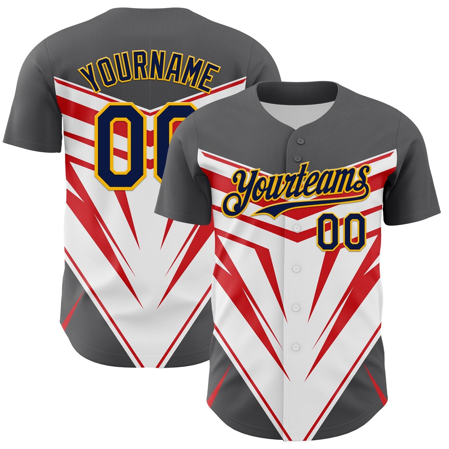 Custom Steel Gray Navy Gold White-Red 3D Pattern Design Car Racing Formula Auto Motorsport Authentic Baseball Jersey