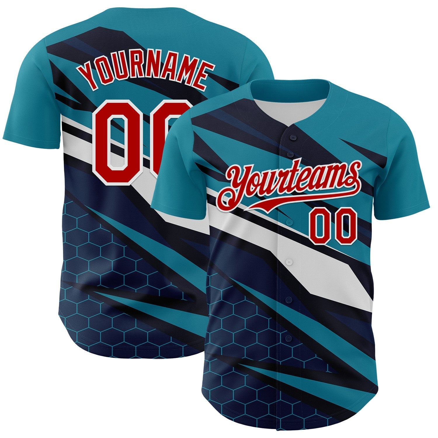 Custom Teal Red White-Navy 3D Pattern Design Car Racing Formula Auto Motorsport Authentic Baseball Jersey