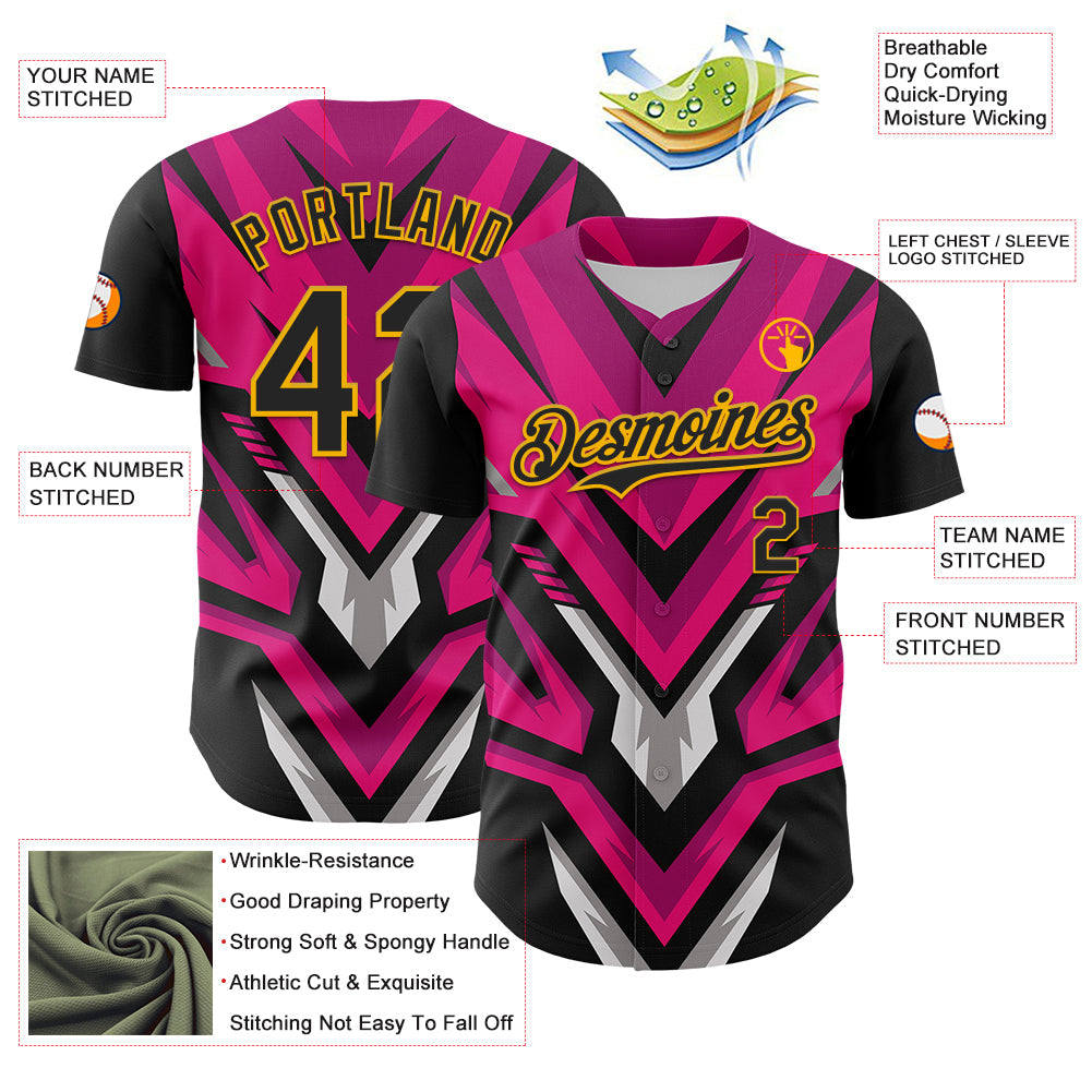 Custom Black Gold Pink White-Gray 3D Pattern Design Car Racing Formula Auto Motorsport Authentic Baseball Jersey