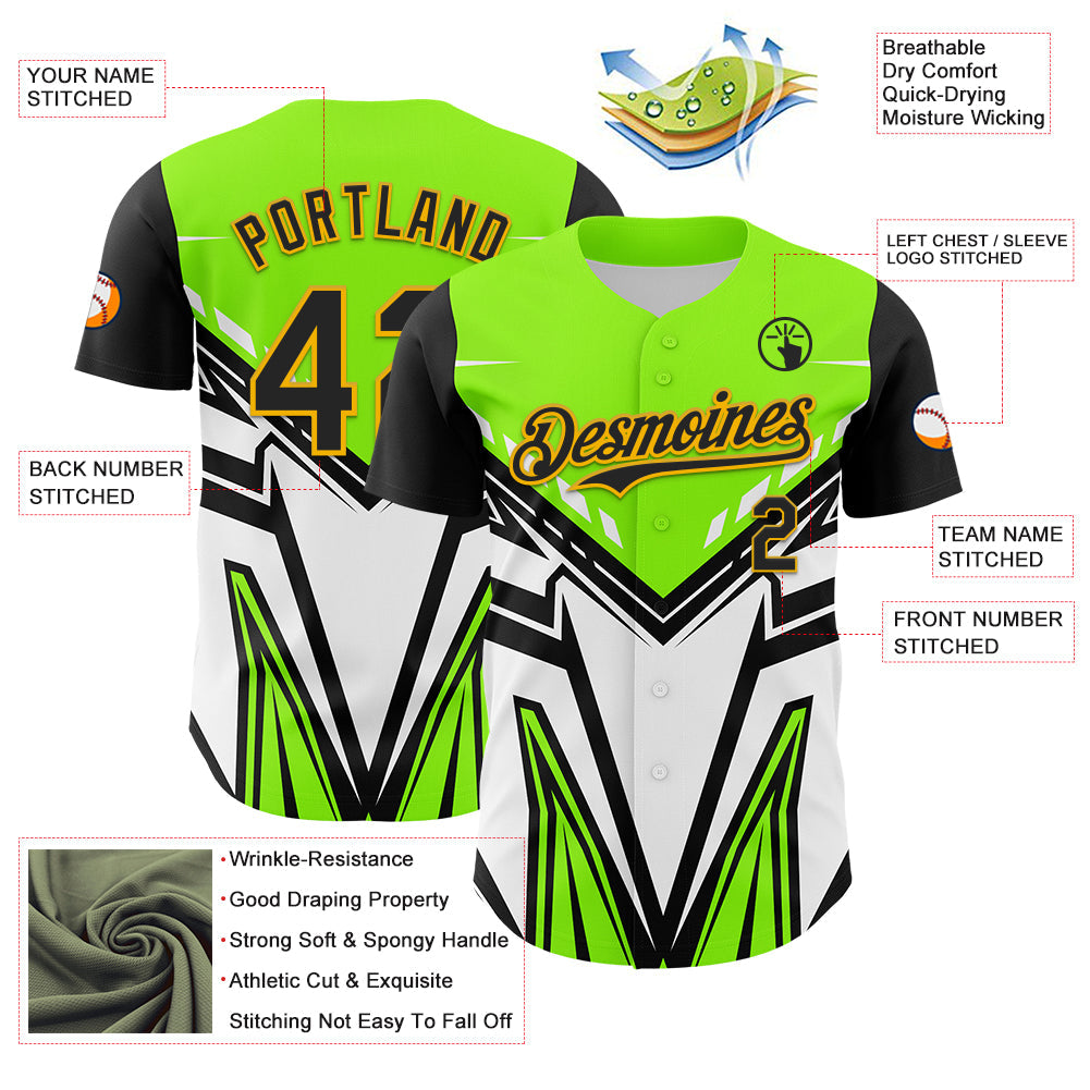 Custom Black Gold Green-White 3D Pattern Design Car Racing Formula Auto Motorsport Authentic Baseball Jersey