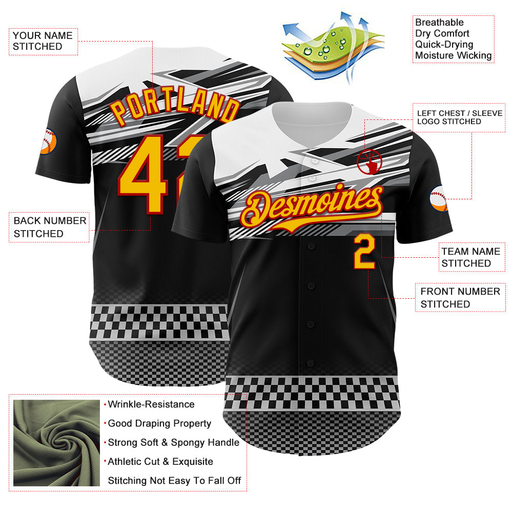 Custom Black Yellow Red White-Gray 3D Pattern Design Car Racing Formula Auto Motorsport Authentic Baseball Jersey