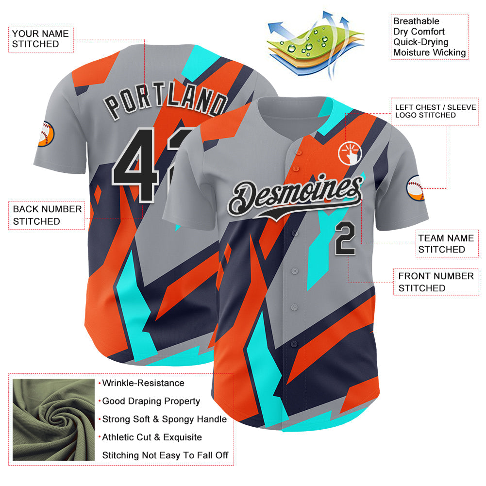 Custom Gray Black White Orange-Aqua 3D Pattern Design Car Racing Formula Auto Motorsport Authentic Baseball Jersey