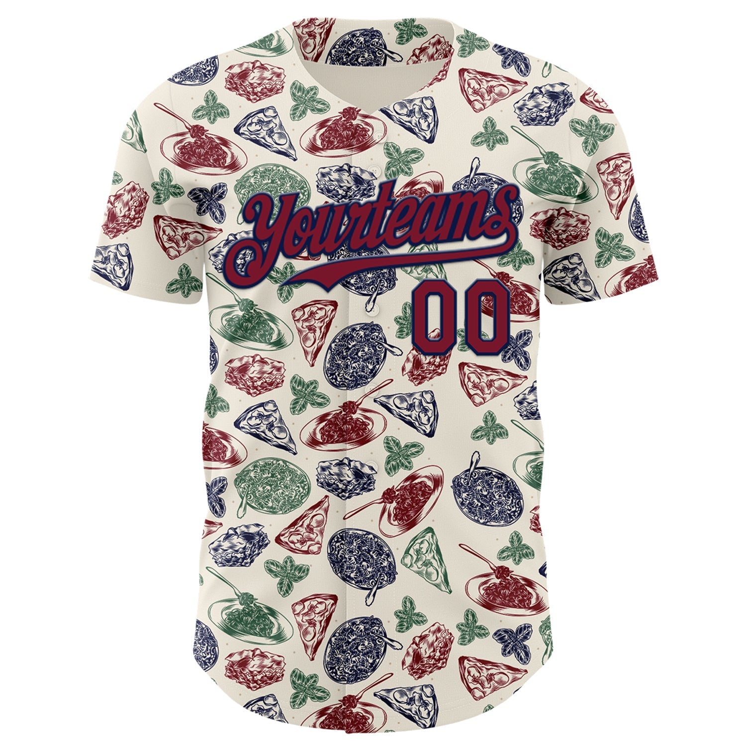Custom Cream Crimson-Navy 3D Pattern Design Foodie Italian Food Doodles Authentic Baseball Jersey