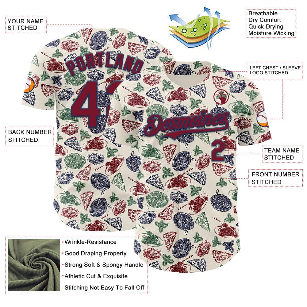 Custom Cream Crimson-Navy 3D Pattern Design Foodie Italian Food Doodles Authentic Baseball Jersey