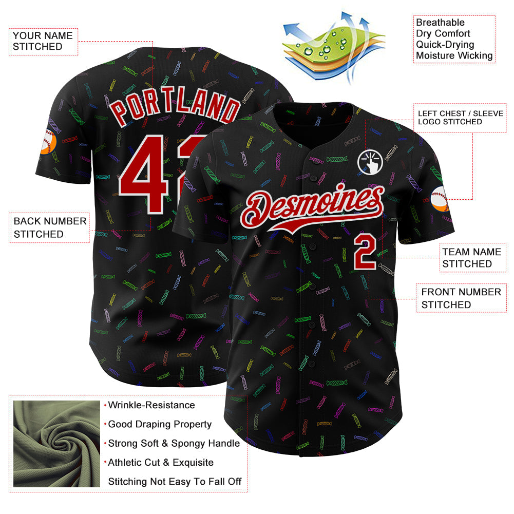 Custom Black Red-White 3D Pattern Design Foodie Candy Sweets Authentic Baseball Jersey