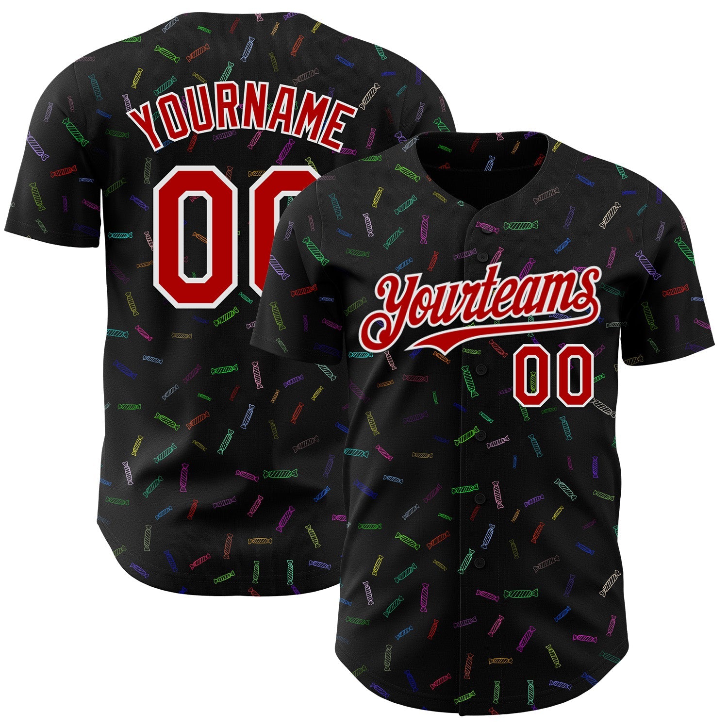 Custom Black Red-White 3D Pattern Design Foodie Candy Sweets Authentic Baseball Jersey