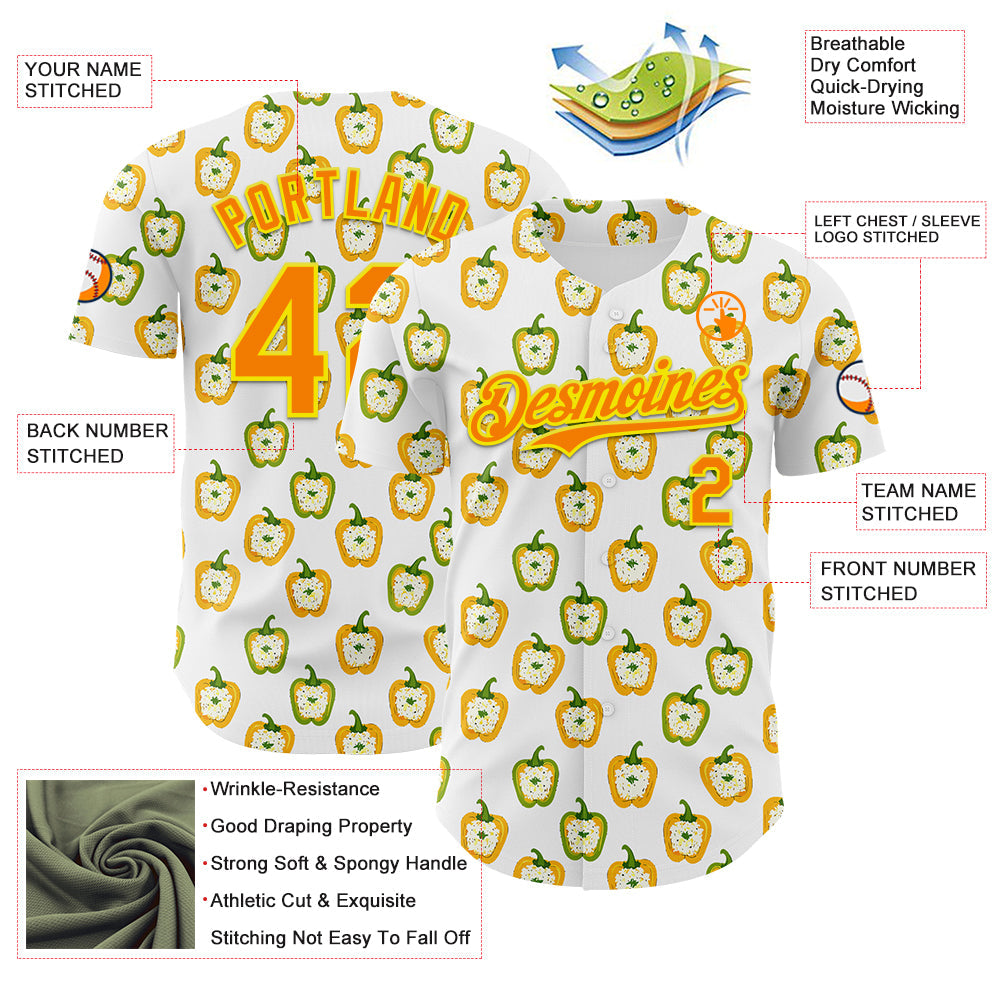 Custom White Bay Orange-Light Yellow 3D Pattern Design Foodie Rice Stuffed Pepper Vegetable Authentic Baseball Jersey