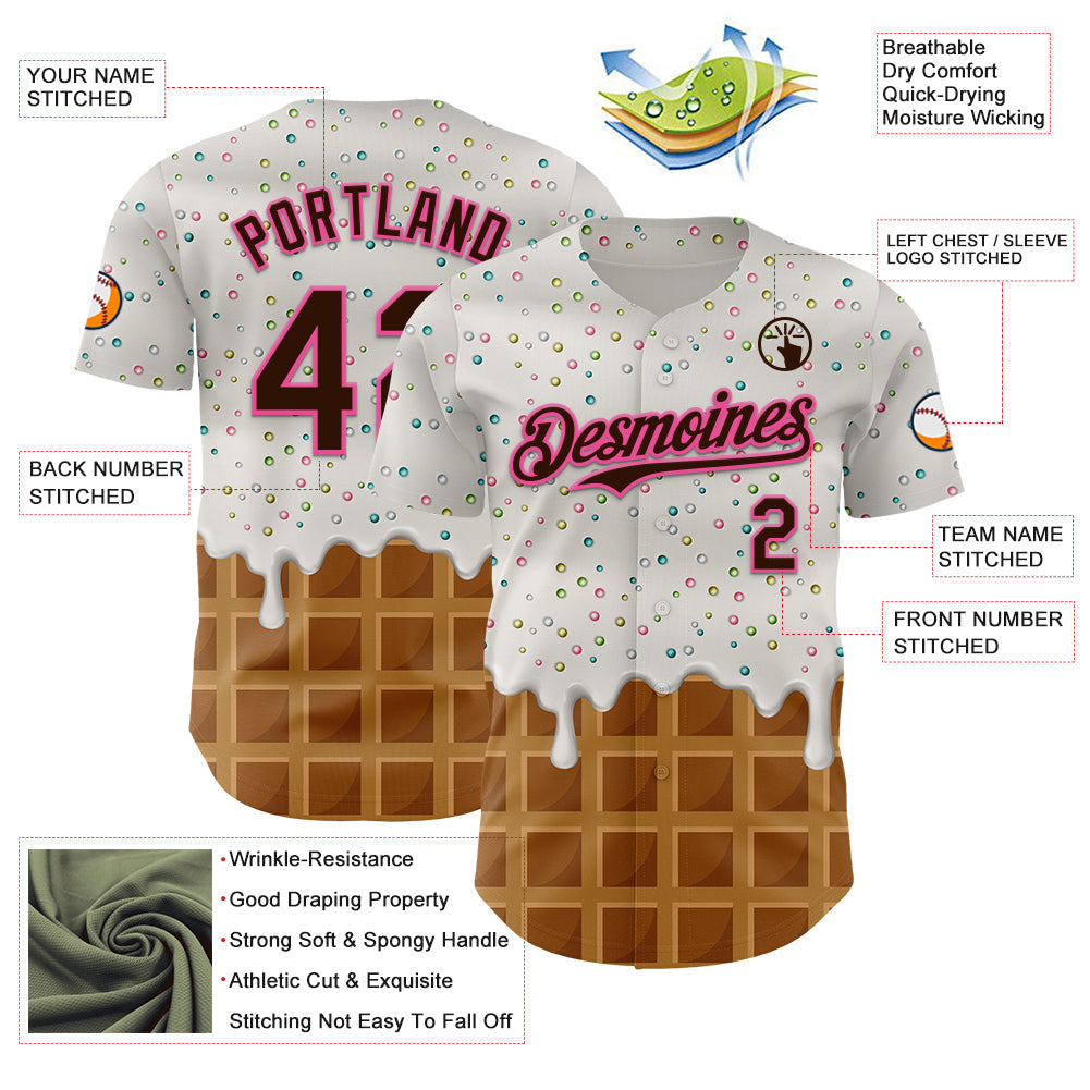 Custom White Brown-Pink 3D Pattern Design Foodie Dripping Ice Cream Authentic Baseball Jersey
