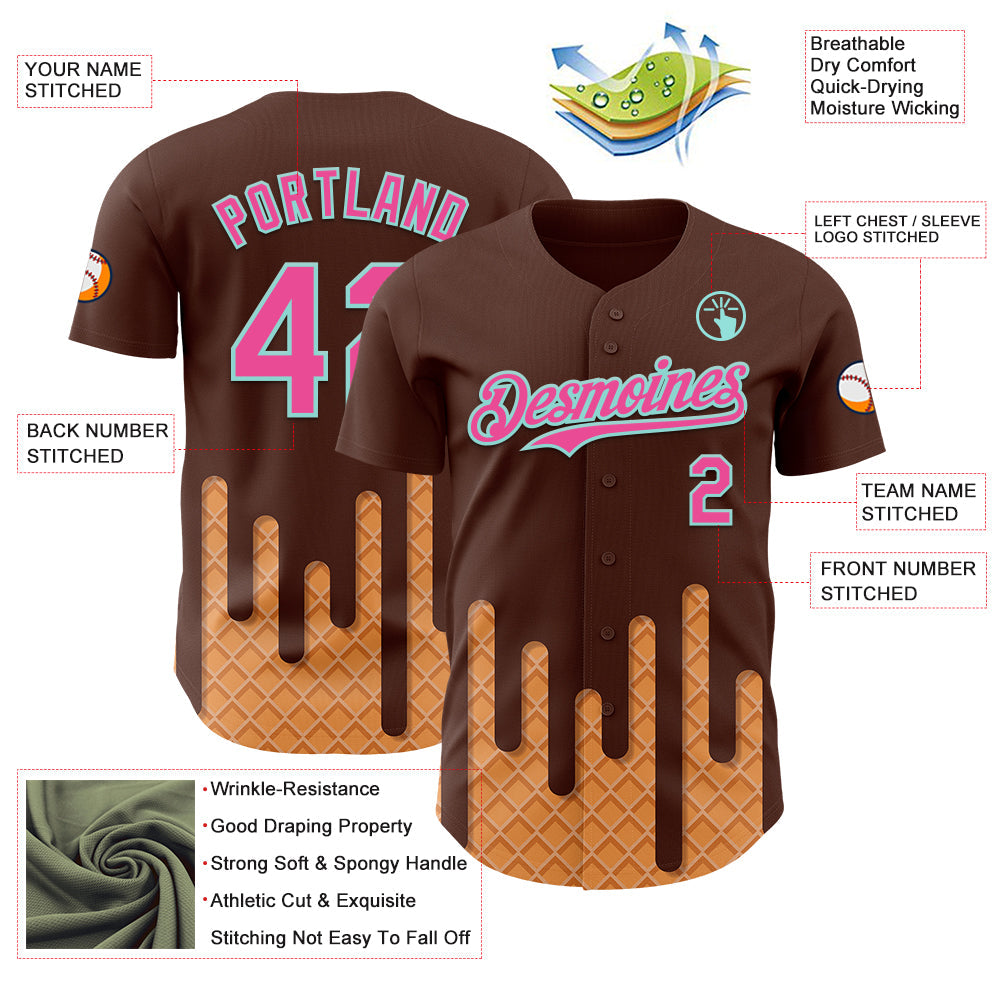 Custom Brown Pink-Ice Blue 3D Pattern Design Foodie Dripping Ice Cream Authentic Baseball Jersey