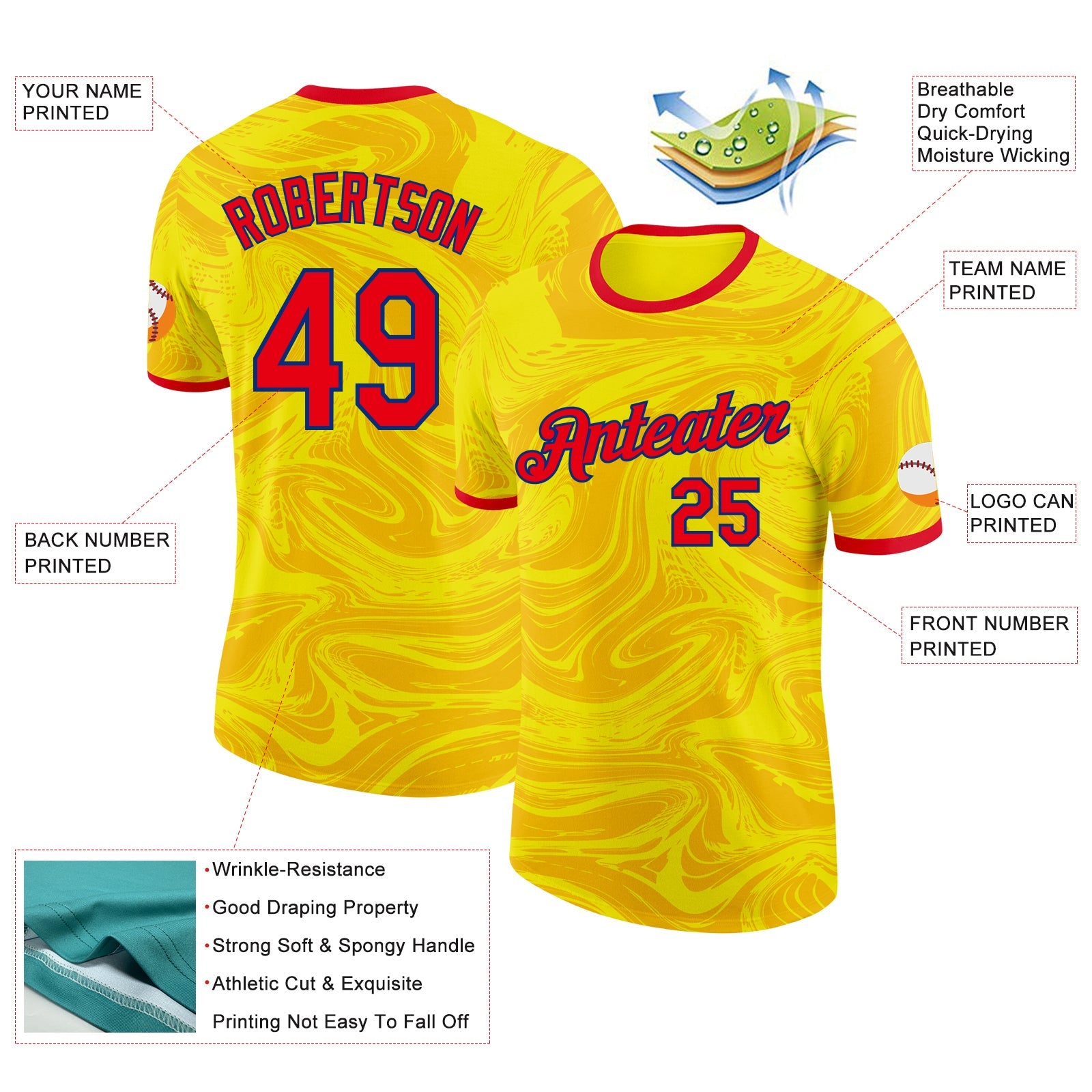 Custom Yellow Fire Red-Royal Colombia Fluid Liquid Performance T-Shirt