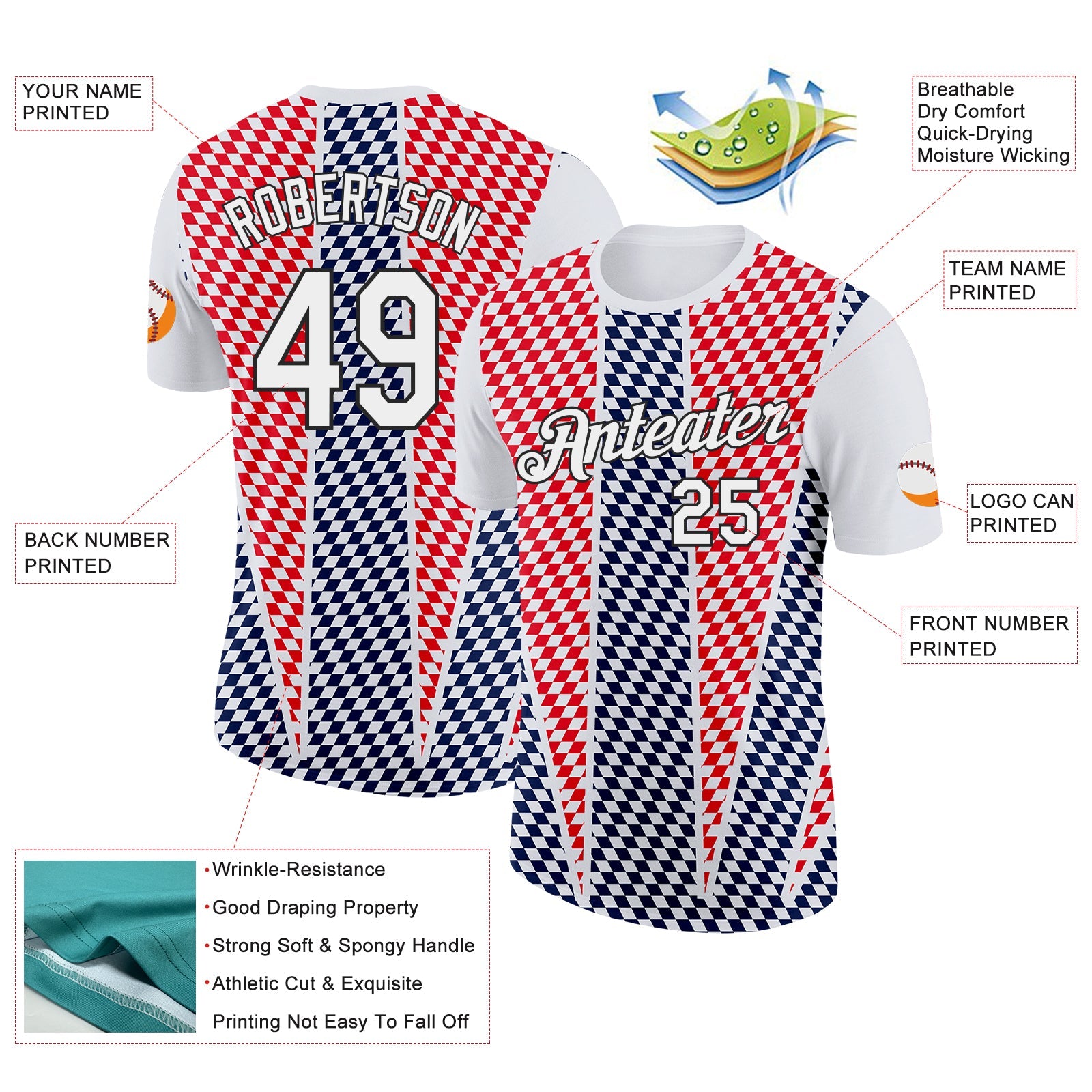 Custom White Black Red-Navy Croatia Plaid Performance T-Shirt