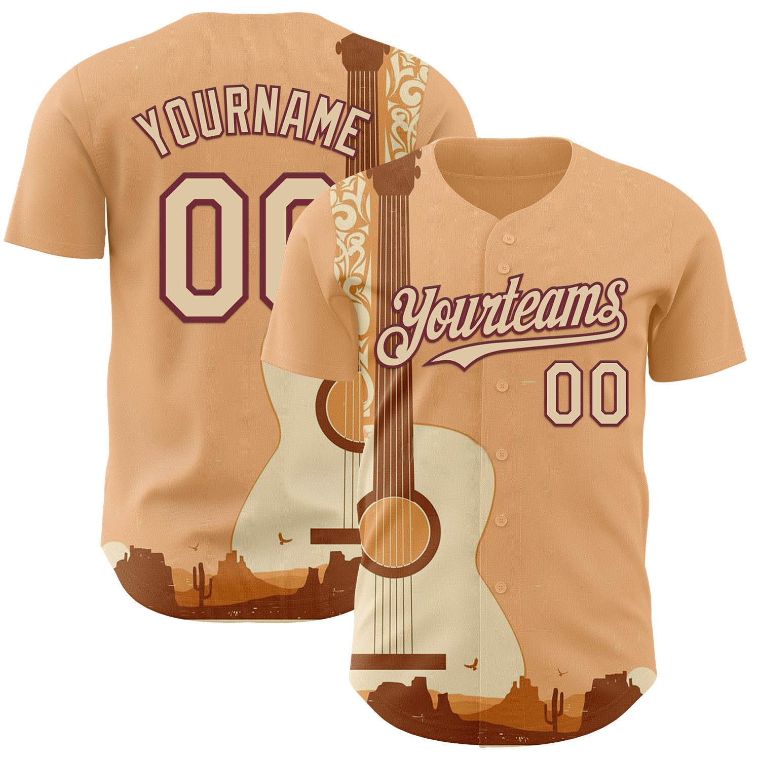 Custom City Cream Burgundy Texas Sunset Southwest Landscape Guitar City Edition Authentic Baseball Jersey
