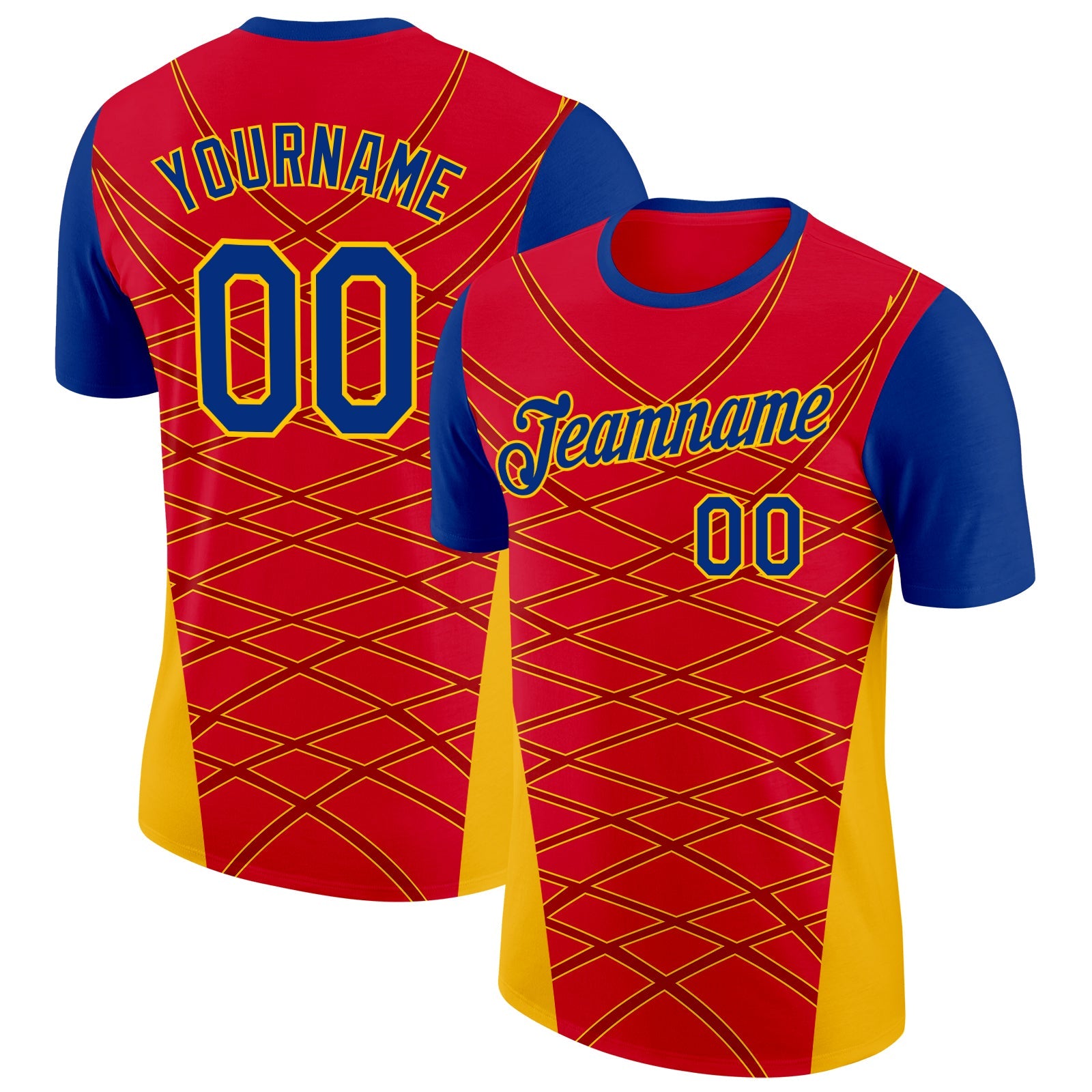 Custom Red Royal-Gold Spain Geometric Net Performance T-Shirt